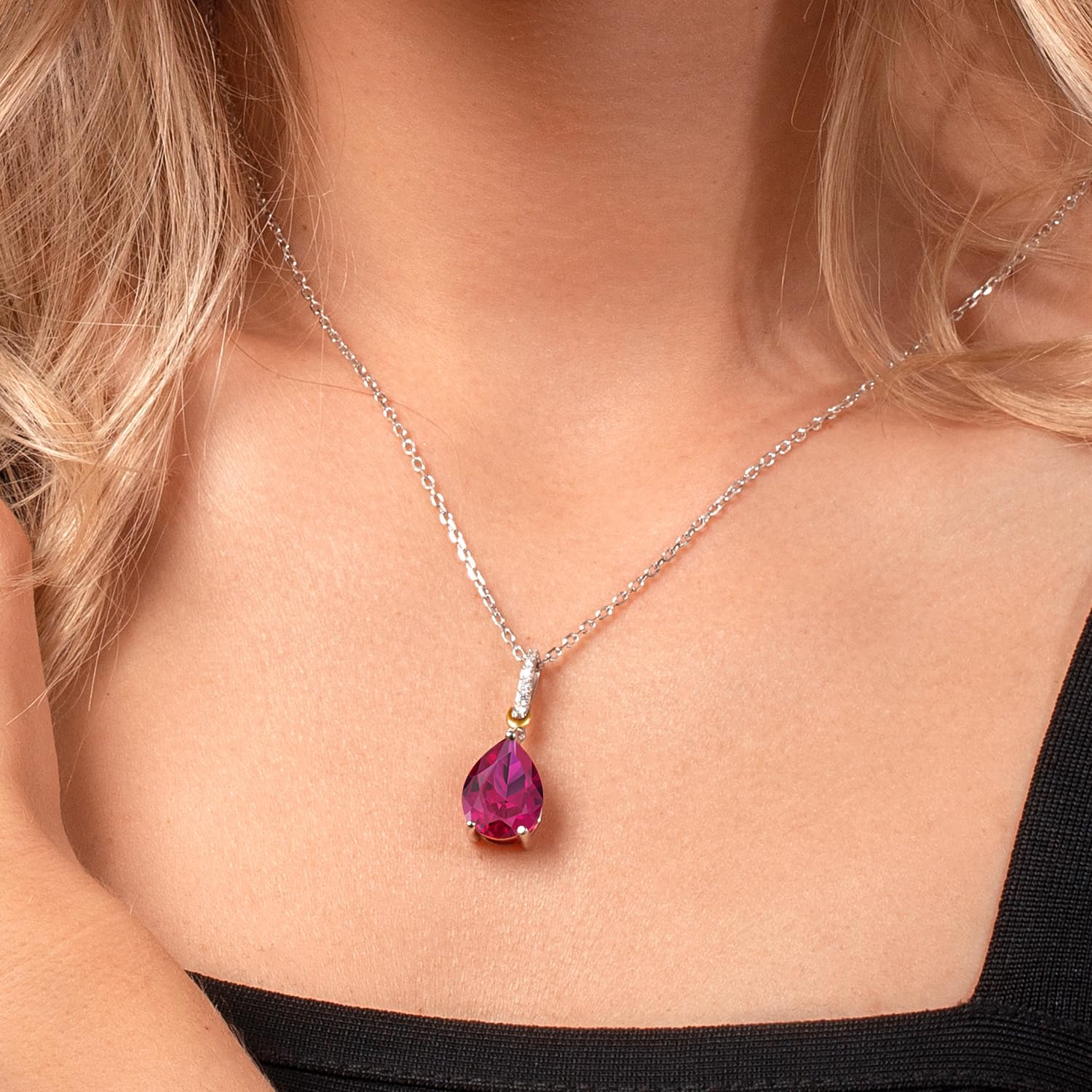 Gem Stone King 6-10 Cttw Gemstone Birthstone and White Moissanite Teardrop Pendant Necklace for Women | 925 Sterling Silver and 10K Yellow Gold | Pear Shape 16X12MM | With 18 Inch Chain