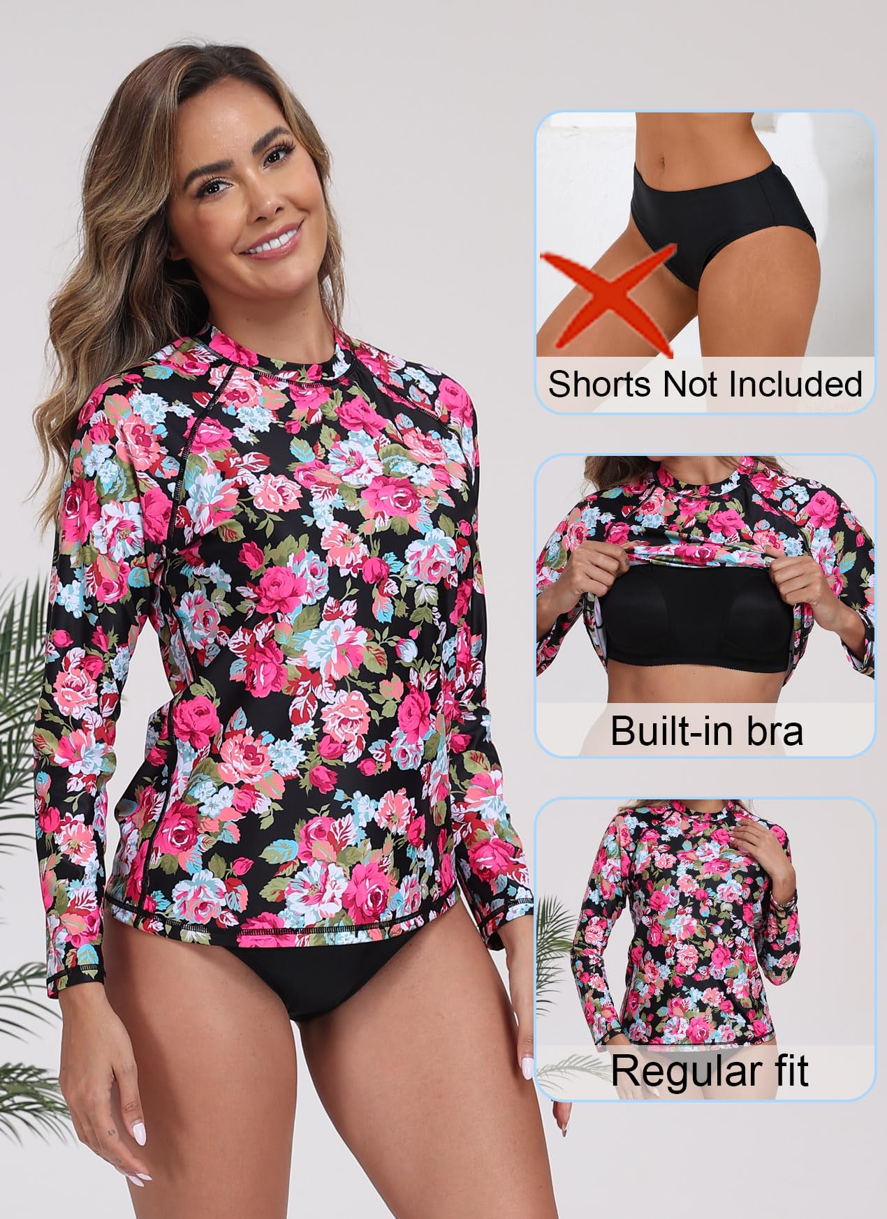 Halcurt Womens Long Sleeve Rash Guard Swim Shirts with Built in Bra UPF50+ Sun Protection Swimsuit Top Black Pink Floral M