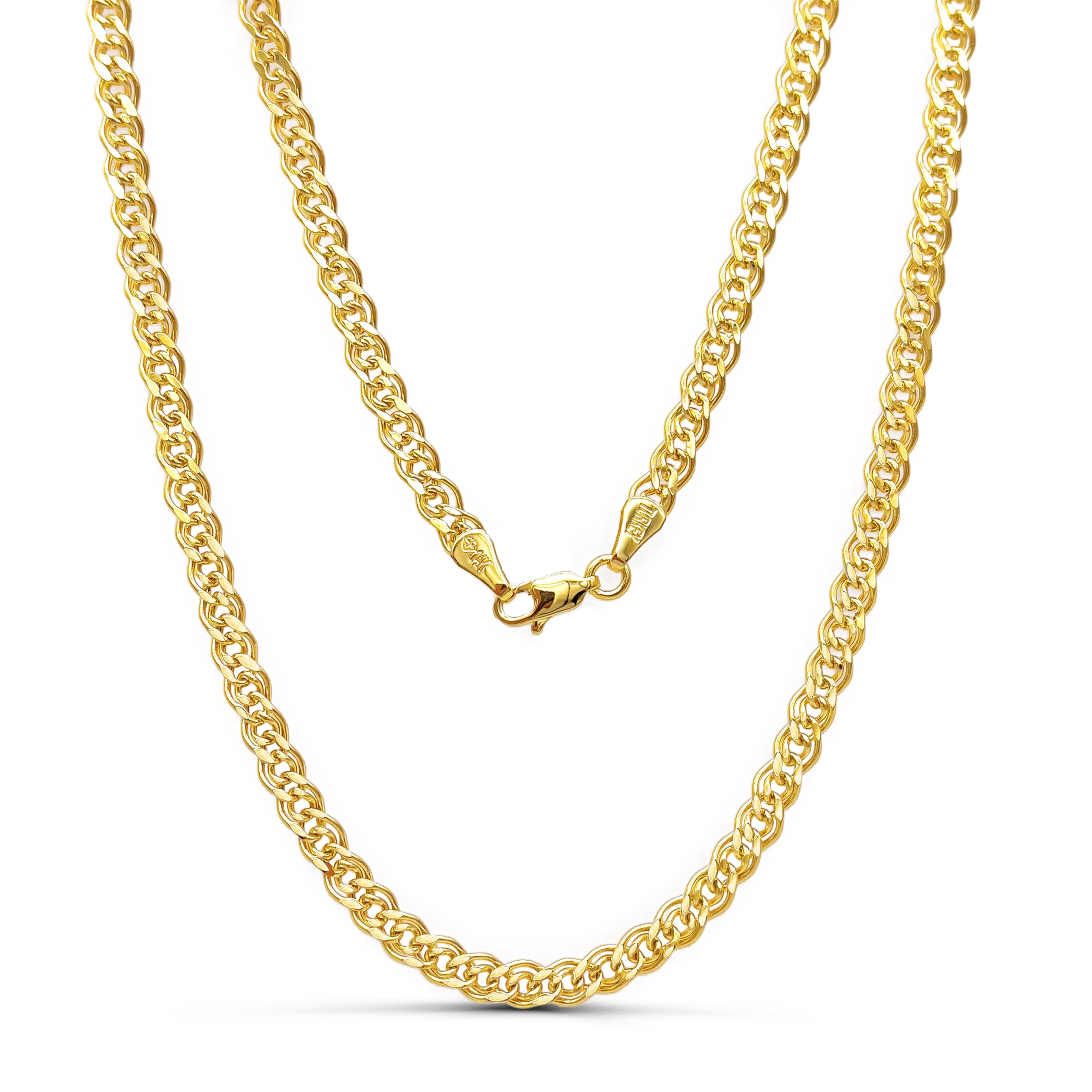 JEWELHEART 14K Gold Double Cuban Link Chain Men - 3mm Diamond Cut Link Necklace - Yellow Real Gold Chain Necklace For Women with Lobster Clasp 16"