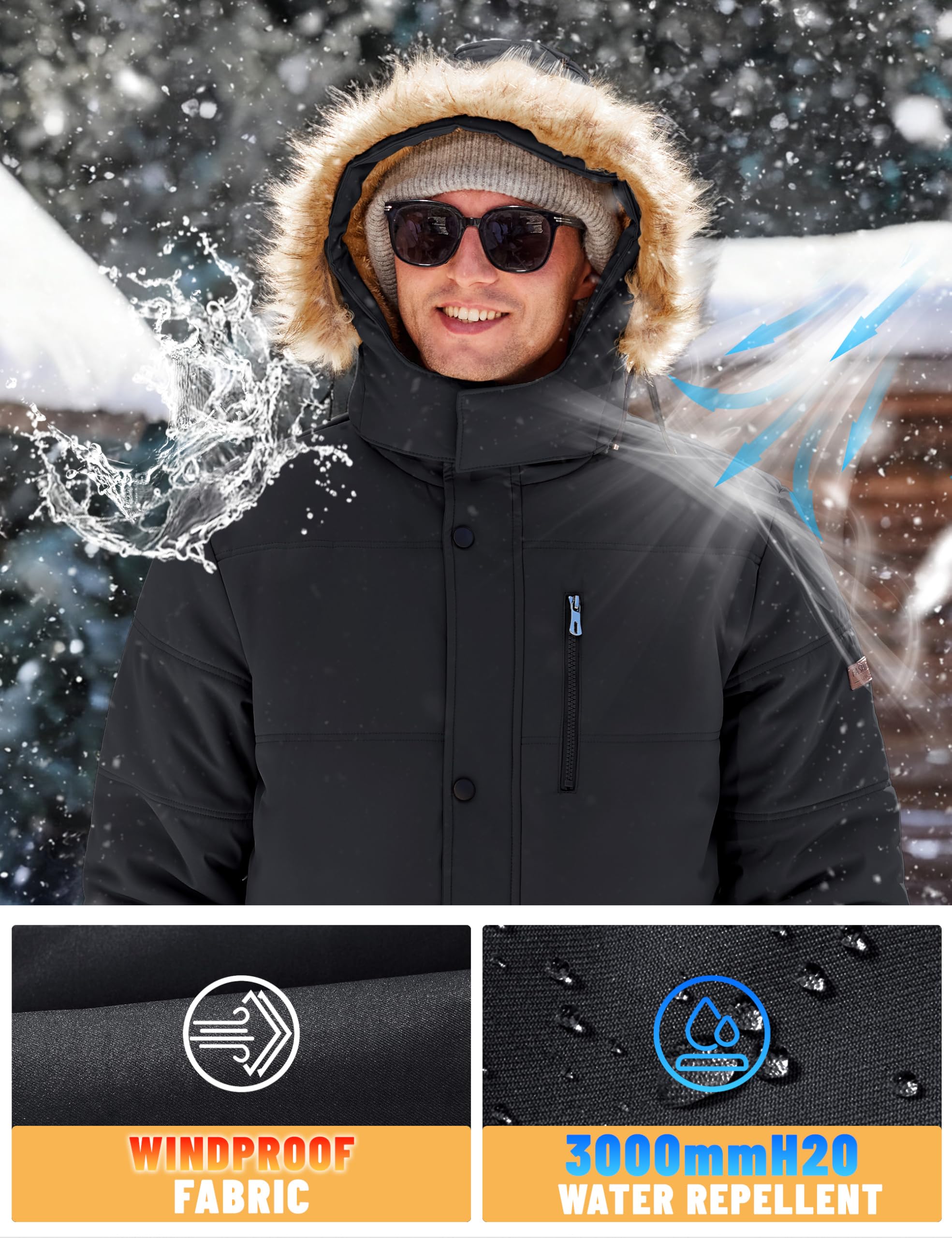 TACVASEN Winter Jackets for Men Coat with Hood Water Repellent Windbreaker Warm Fleece Hiking Jacket Black