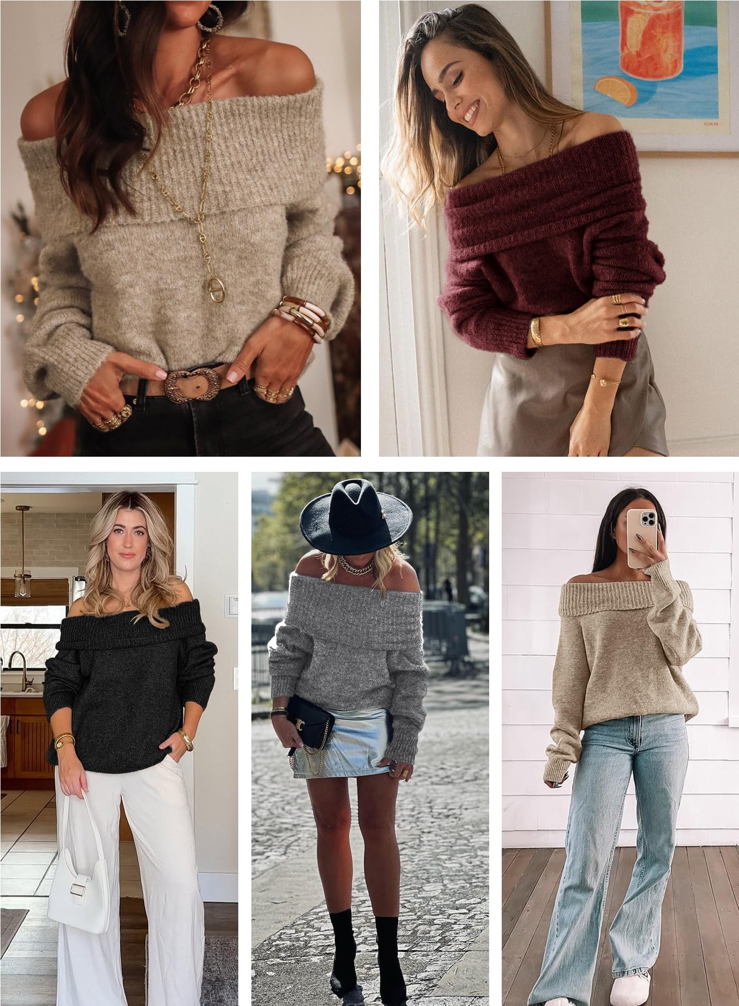ATHMILE Cute Tops for Womens Off The Shoulder Sweaters Oversized Batwing Sleeve Loose Pullover Spring Fall Winter Outfits Khaki