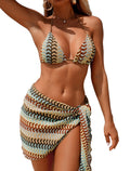 ZAFUL 3 Piece Swimsuits for Women Halter Triangle String Bikini Tie Side Bottoms with Sarong Coverups (1-Coffee, S)