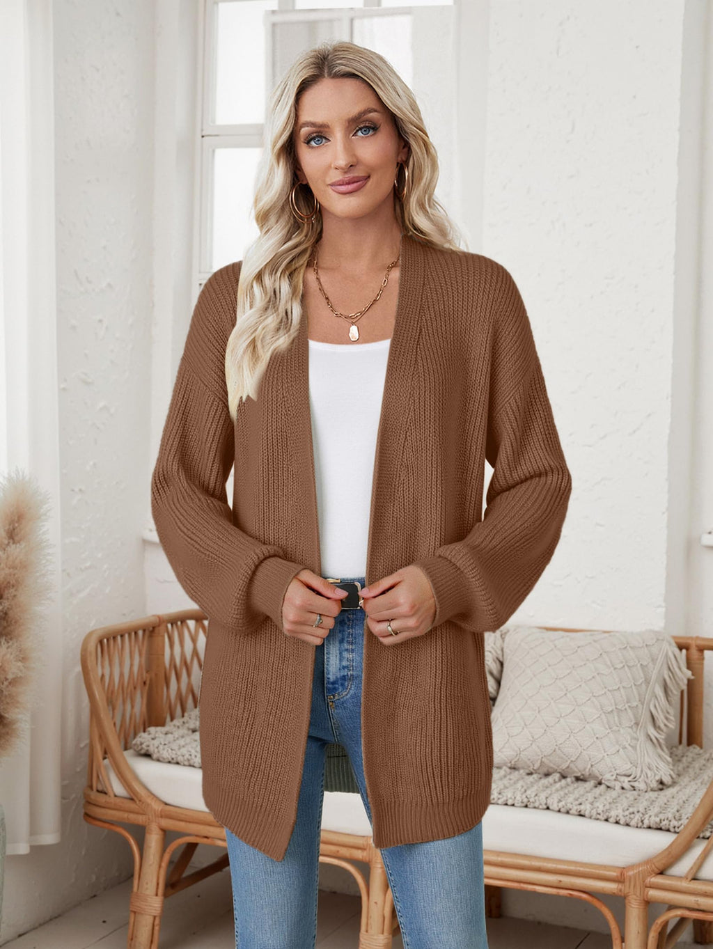 Libsorge Womens Long Cardigan Sweaters for Women Fall Winter Spring 2025 Trendy Outfits Chunky Waffle Knit Oversized Open Front Dressy Casual Lightweight Long Sleeve Cardigans Sweater Coffee Brown S