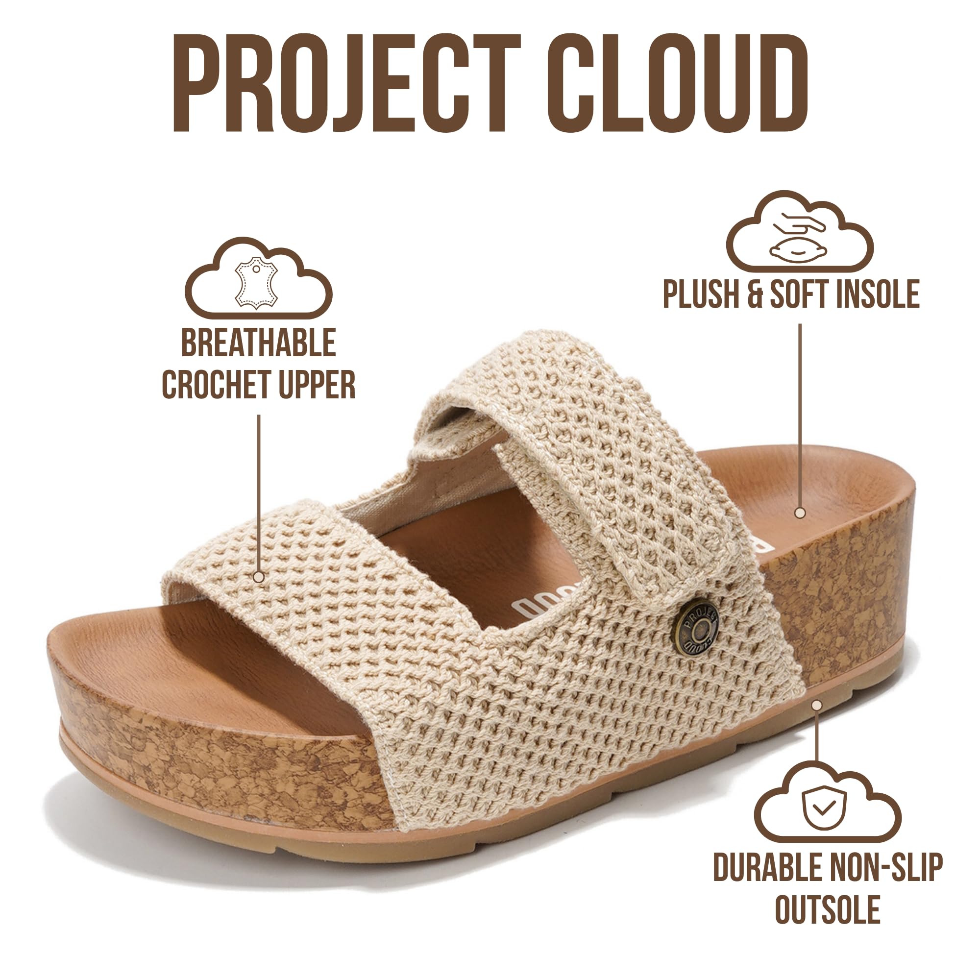 Project Cloud 100% Genuine Leather Platform Sandals Women Footwear-Beach Essentials Summer Wedges with Plush and Soft Insole-Non Slip&Lightweight Wedge Sandals For Women 2026 (Prime,NATCRO,9)