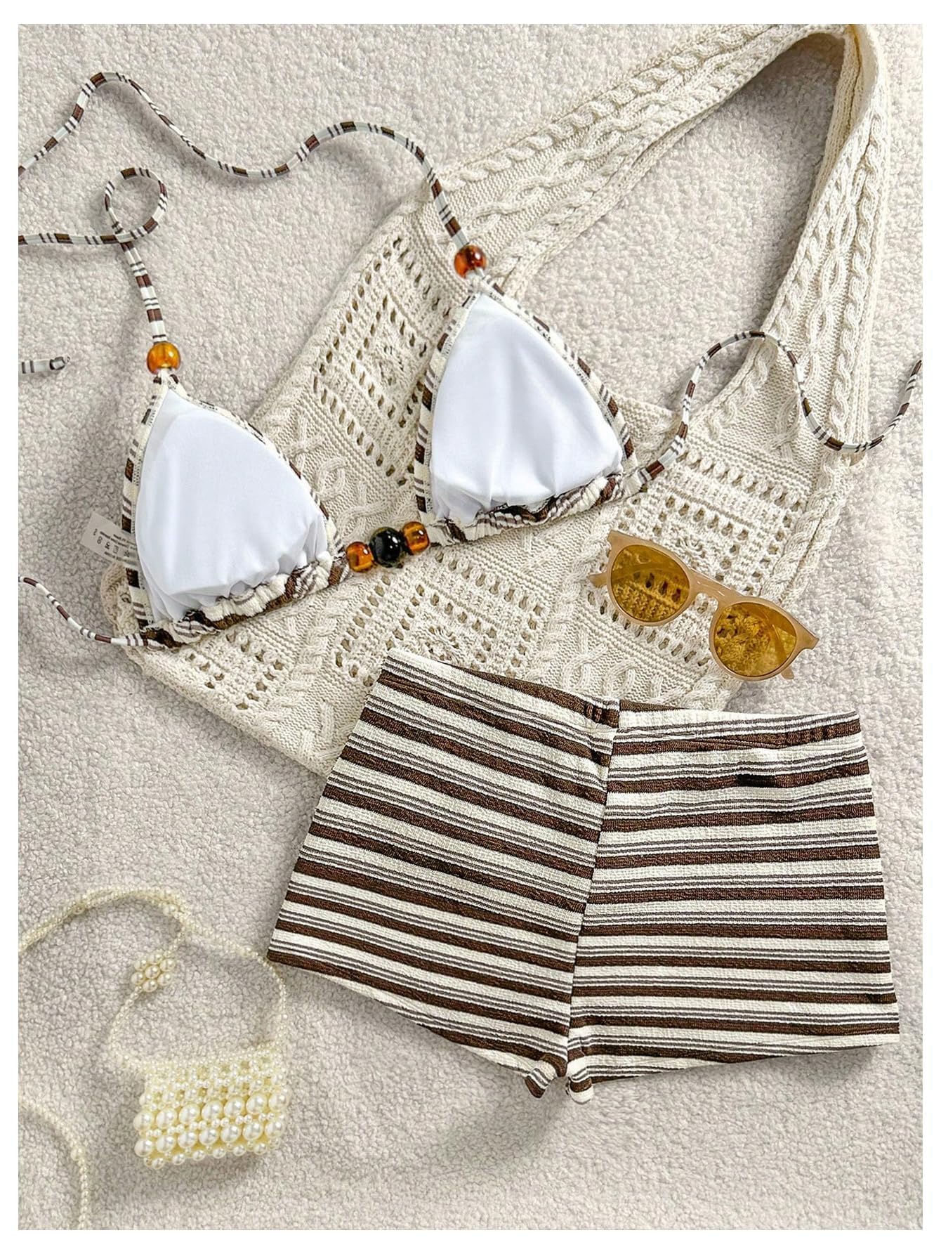 WDIRARA Women's Striped Halter Bikini Set Beaded Triangle Swimsuit 2 Piece Bathing Suit Coffee Brown Medium