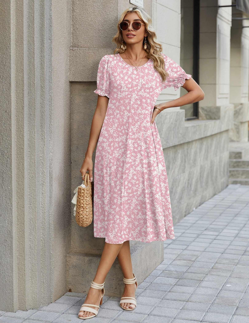 Zeagoo Womens Spring Midi Dress with Pockets Pink Floral Dresses Short Sleeve Casual Dress 2026 Long Sundress, Pink Floral,M