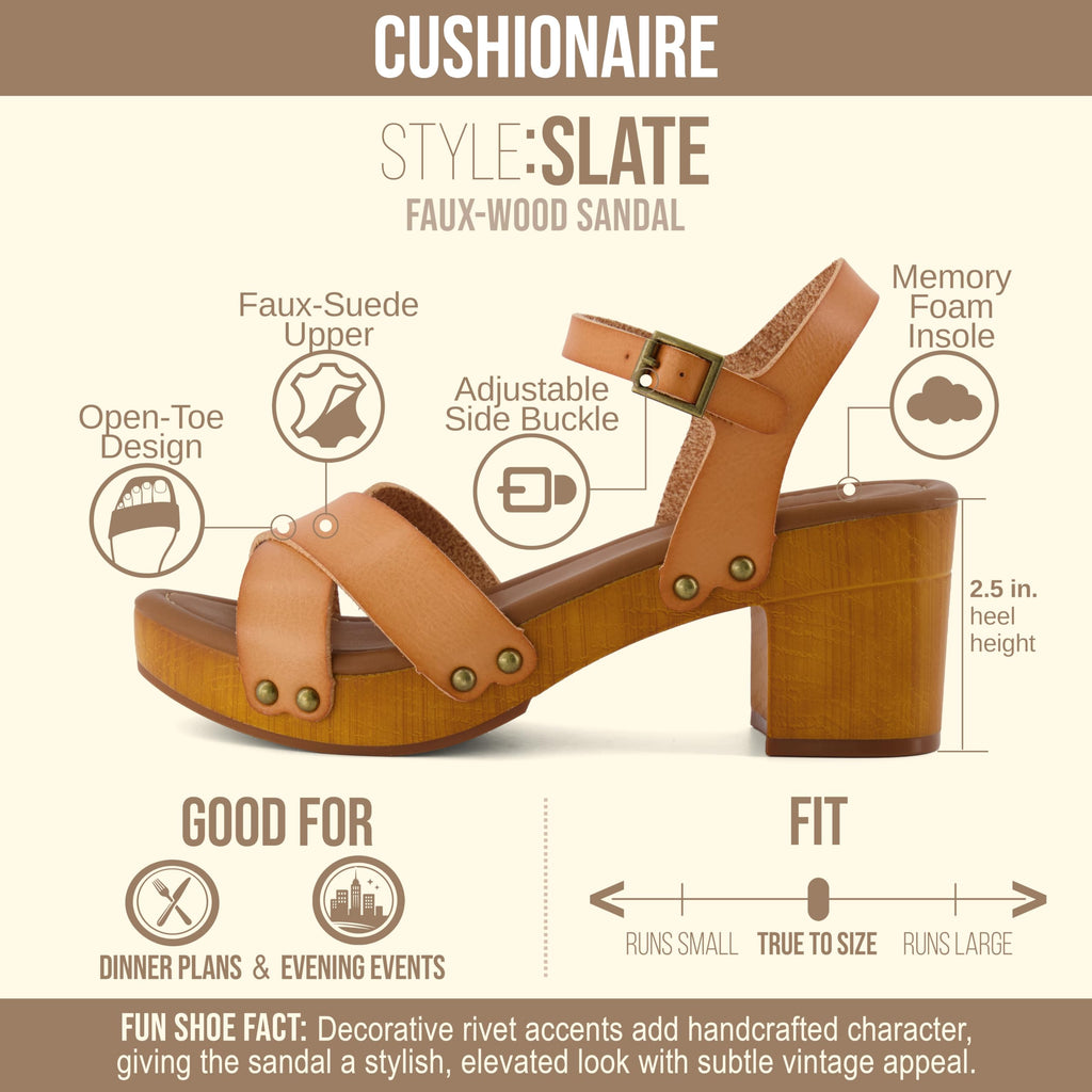 CUSHIONAIRE Slate Faux Wooden Heel Sandal, Comfortable Platform Sandals with Chunky Heels for Women Wide Widths Available,HONEY 6