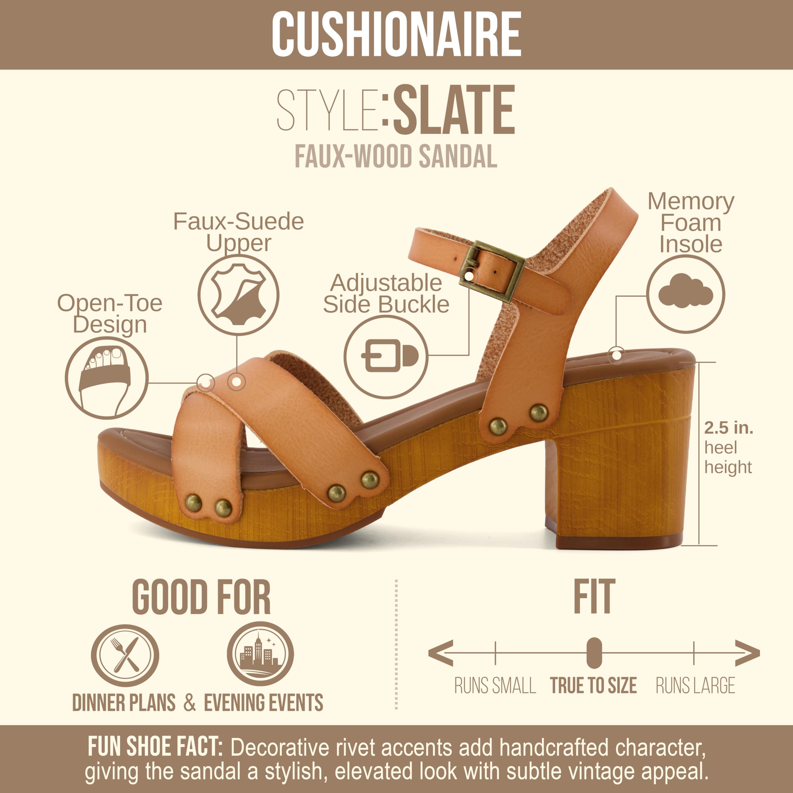CUSHIONAIRE Slate Faux Wooden Heel Sandal, Comfortable Platform Sandals with Chunky Heels for Women Wide Widths Available,HONEY 6