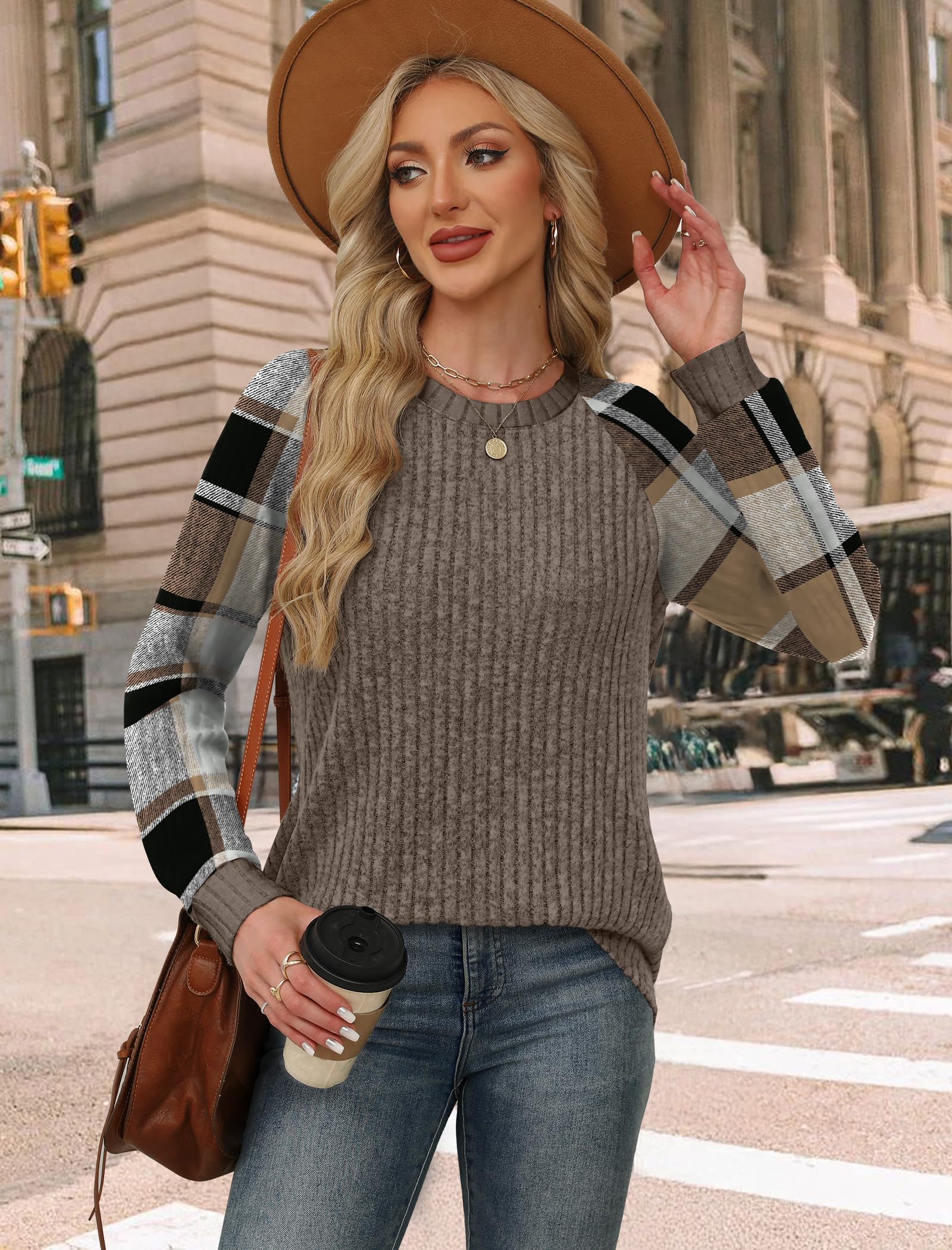Chocolate Brown Fall Clothes Fall Fashion Must Haves Womens Tops Long Sleeve Shirts for Women Plaid Oversized Sweaters School Outfits Tops for Teachers Winter Clothing Travel Vacation Raglan Paneled