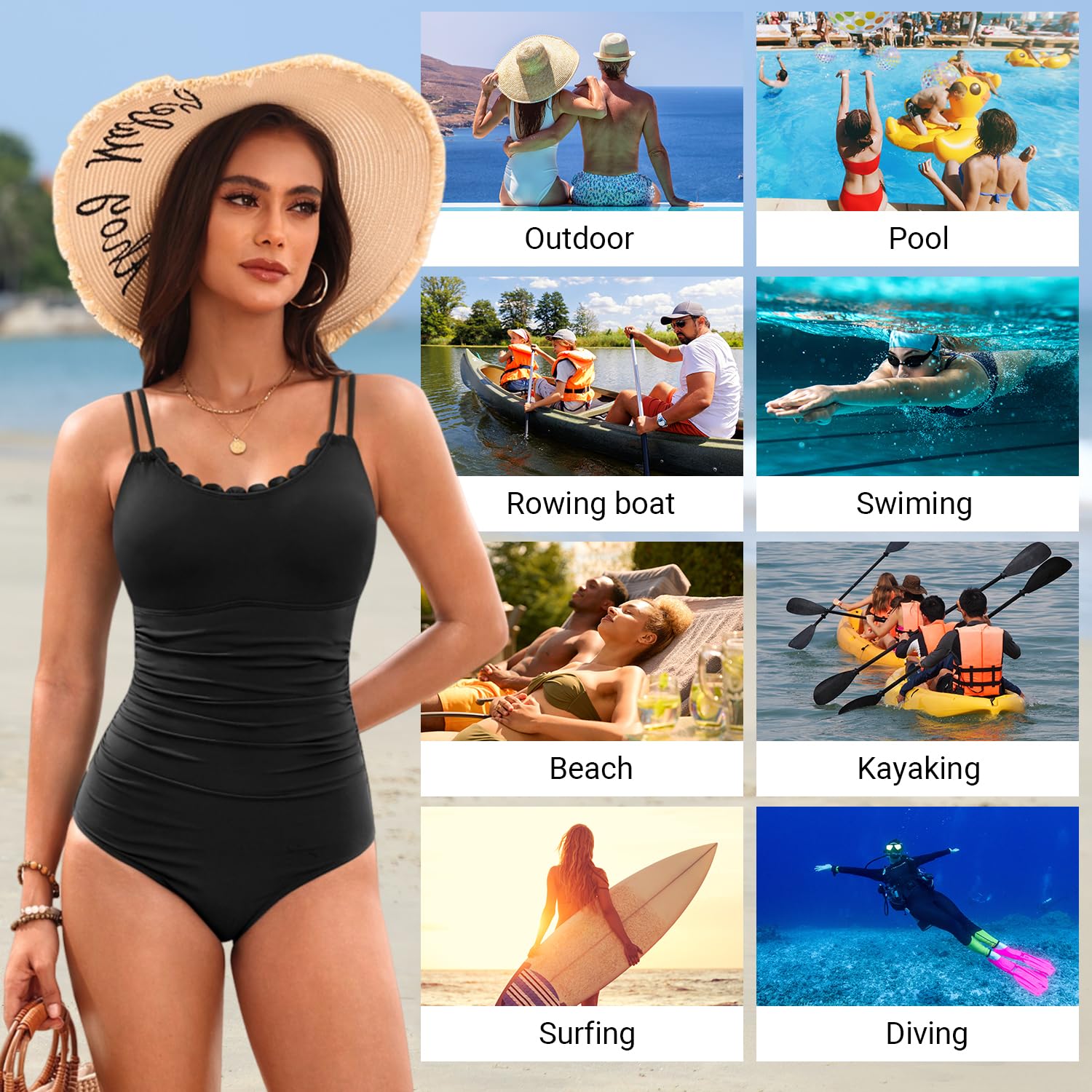 Daci Black Womens One Piece Swimsuit Tummy Control - Slimming Bathing Suit Scalloped Neck Swimwear 2026 M