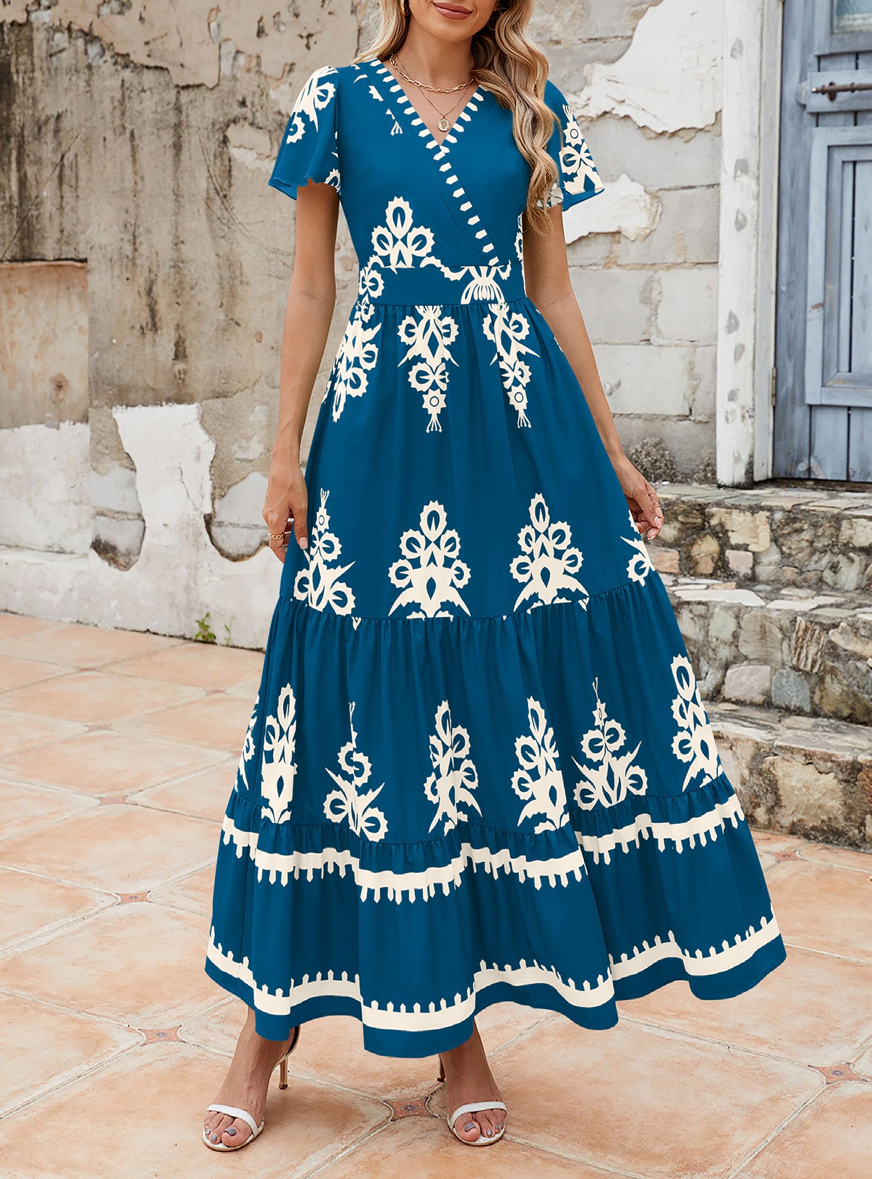 PRETTYGARDEN Womens 2026 Summer Casual V Neck Boho Maxi Dress Flowy Aline Bell Sleeve Tiered Floral Dresses with Pocket (Floral Lake Blue White,XX-Large)
