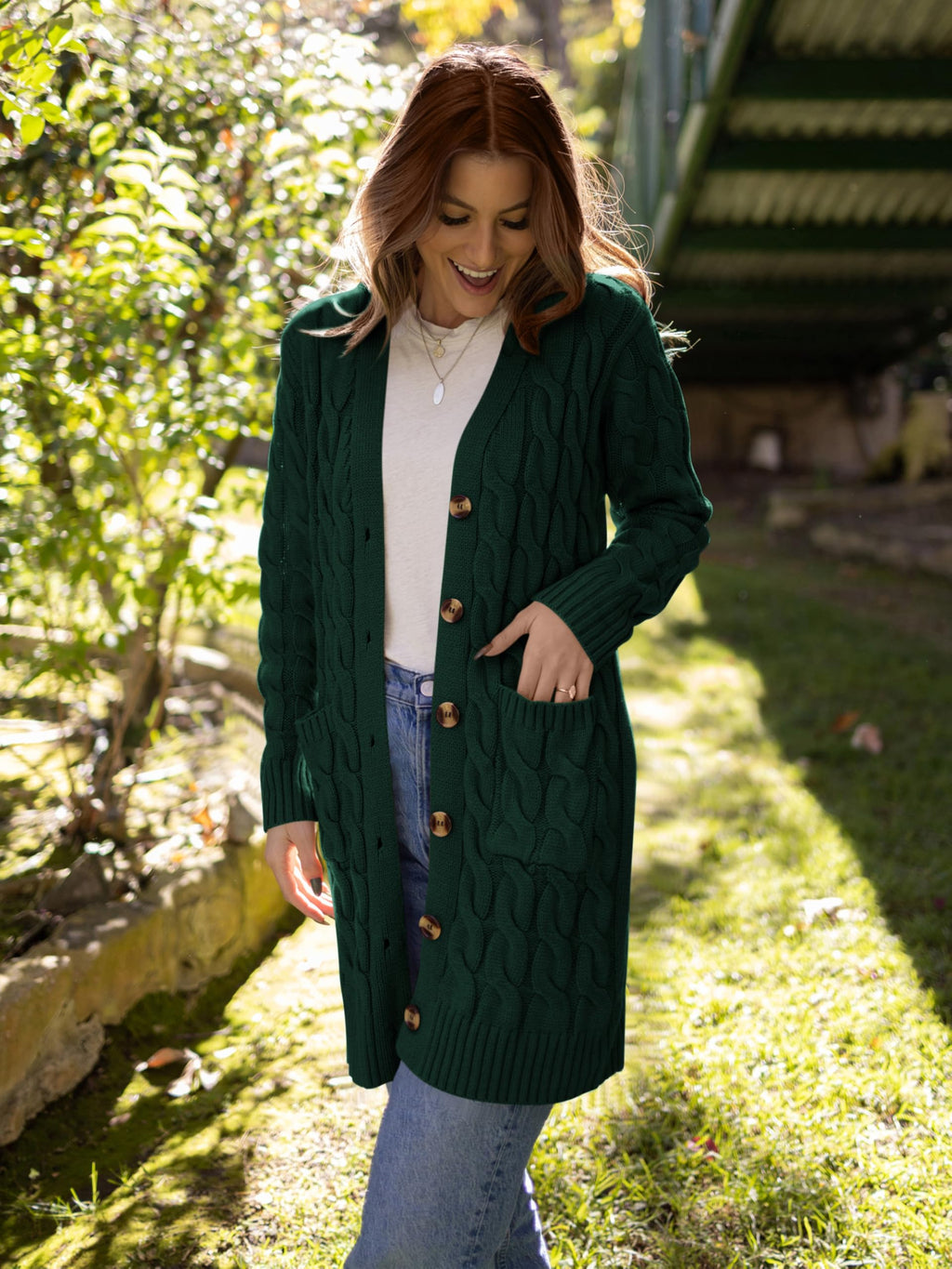 PRETTYGARDEN Long Sleeve Cable Knit Long Cardigan for Women 2026 Spring Winter Chunky Open Front Button Sweaters with Pockets(Dark Green,Small)