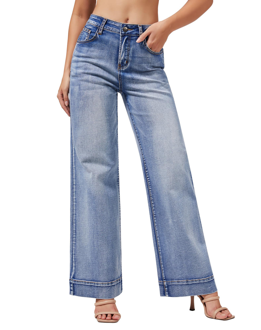 roswear Women's Wide Leg Jeans Casual High Waisted Stretchy Baggy Loose Long Trouser Jeans Light Blue Medium