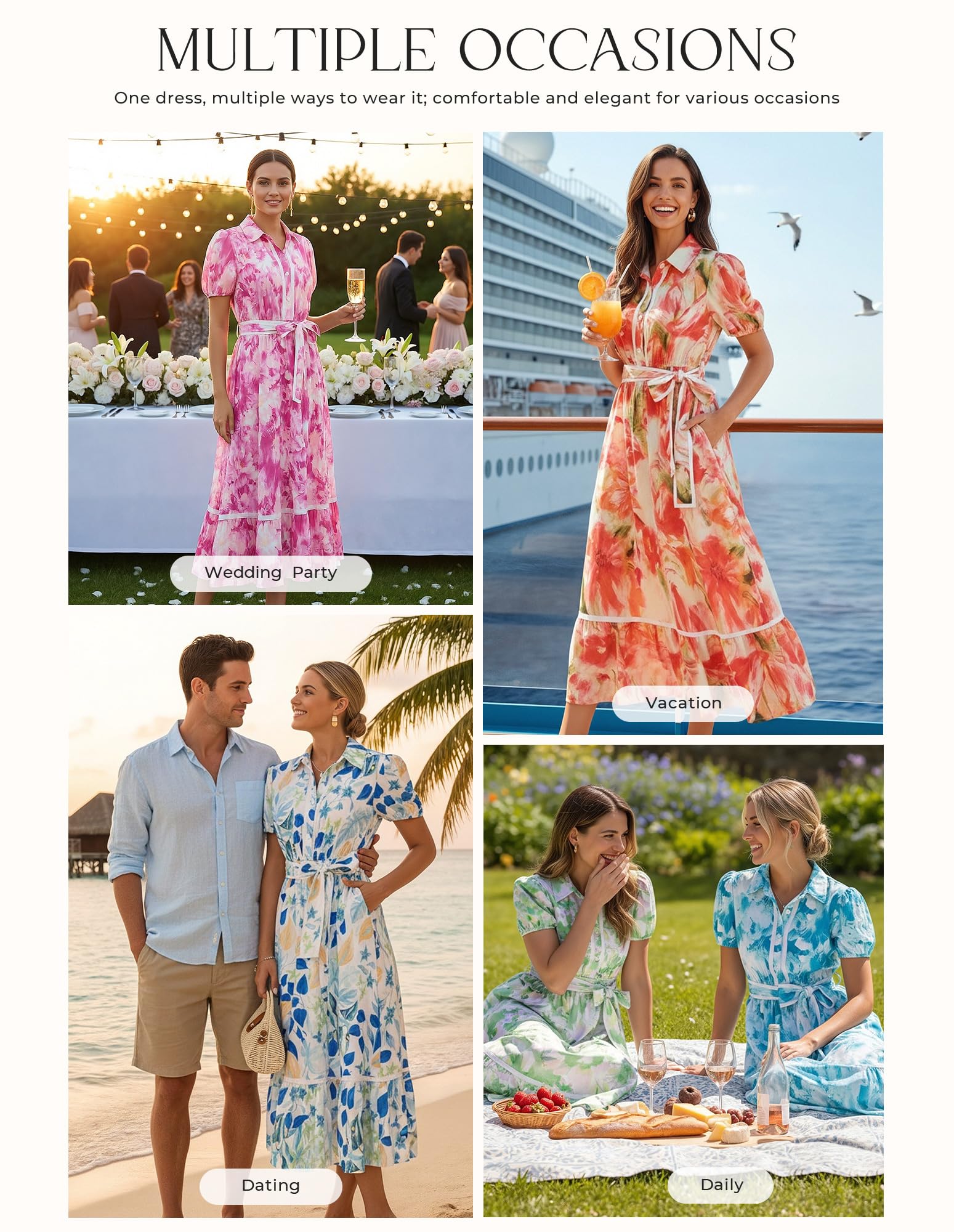 GRACE KARIN Women Summer Floral Maxi Dresses 2026 Wedding Guest Puff Sleeve Shirt Sundresses Boho Spring Clothes with Pockets Rose Floral S