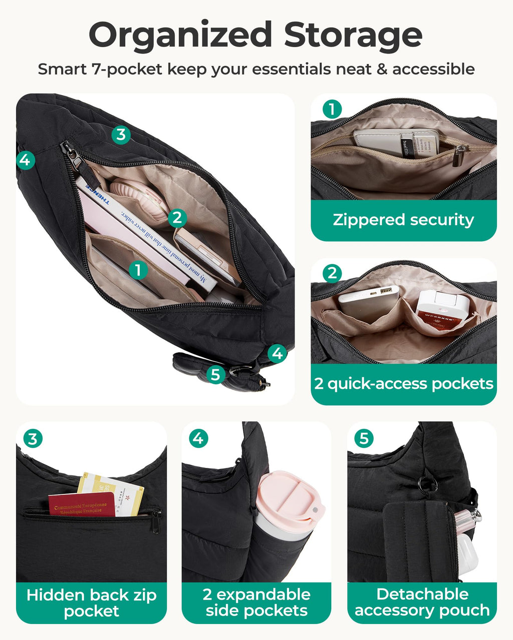 BAGSMART Crossbody Purses for Women with Adjustable Strap, Small Puffer Hobo Bags, Compact Cross Body Bag Fluffy Shoulder Handbags Puffy Pouch, Camel