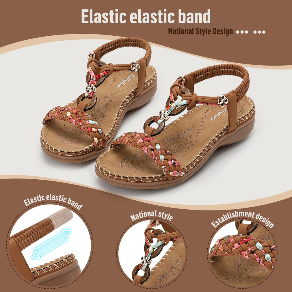 Littleplum Women Sandals Arch Support Handmade Bohemian Braided Flat Sandals Comfort Walking Beach Ankle Elastic Summer Shoes Multi Brown Size 7