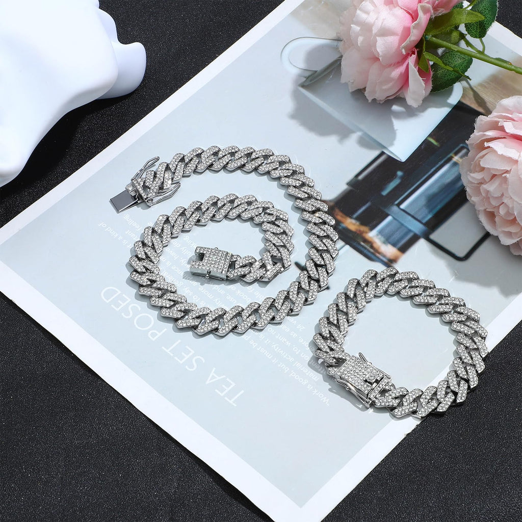 NEWITIN 15 Pieces Silver Jewelry Set for Men Stainless Steel Cuban Link Necklace Bracelet Cross Pendant Necklace Vintage Ring Cuban Jewelry Set for Men Women