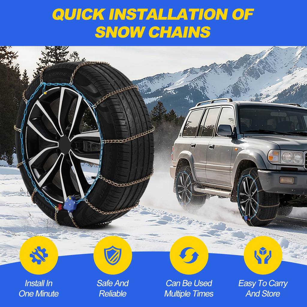 Auto Tightening Snow Chains for Cars, SUVs & Pickup Trucks – 1-Min Quick-Fit Auto Installation, Reusable Universal Emergency Traction Tire Chains – Set of 2（ALN120）