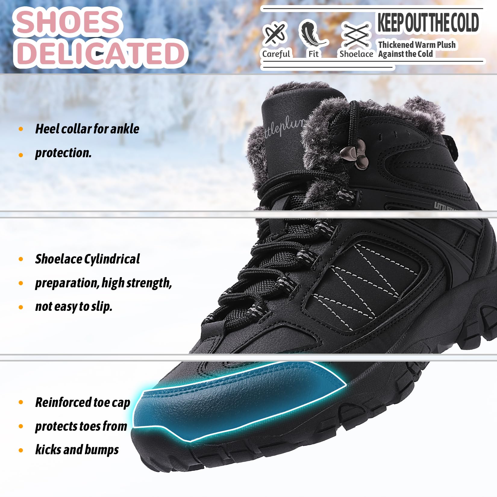 Littleplum Snow Boots for Women-Warm Fur Line Anti Slip Womens Winter Boots-Fashion Ankle Booties Sneakers for Outdoor Hiking All Black Size 6.5