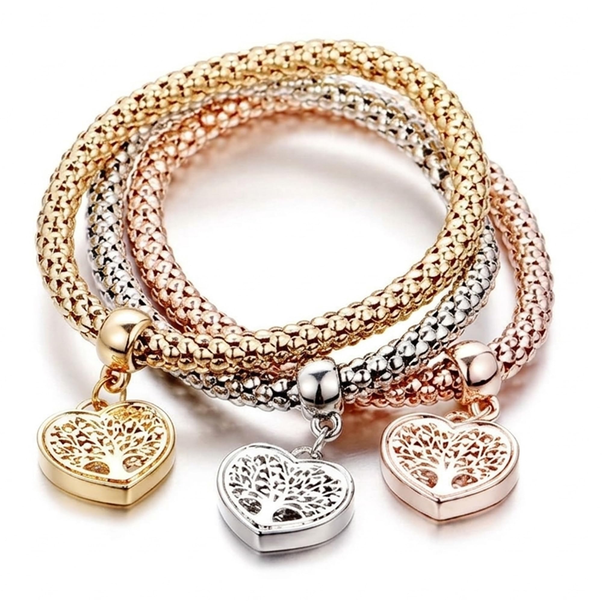 Aphrodite's Tree of Life Heart Edition Charm Bracelet with Austrian Crystals – Gold, Silver & Rose Gold Plated Popcorn Chain Bracelet Set for Women