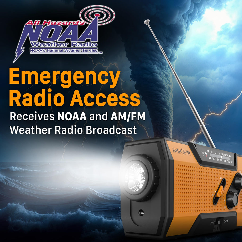 FosPower NOAA Emergency Weather Radio A1 7400mWh Portable Power Bank, AM/FM, USB/Solar/Hand Crank Charging, Battery Operated, SOS Alarm & Flashlight for Indoor/Outdoor Emergency - Orange