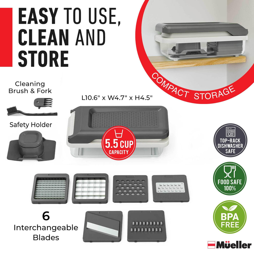 Mueller Vegetable Chopper Mandoline Slicer, Food Veggie Chopper, Cheese Grater, Onion Vegetable Cutter with Container, Dicer, Kitchen Gadgets & Essentials, White Sand/Grey