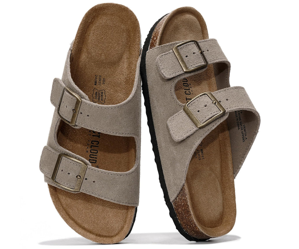 Project Cloud 100% Genuine Leather Flat Sandals For Women 2026 Cork Footbed Womens Sandals with Memory Foam and arch support Vacation Essentials Slides for Women Footwear (Venita, taupsu, 8)