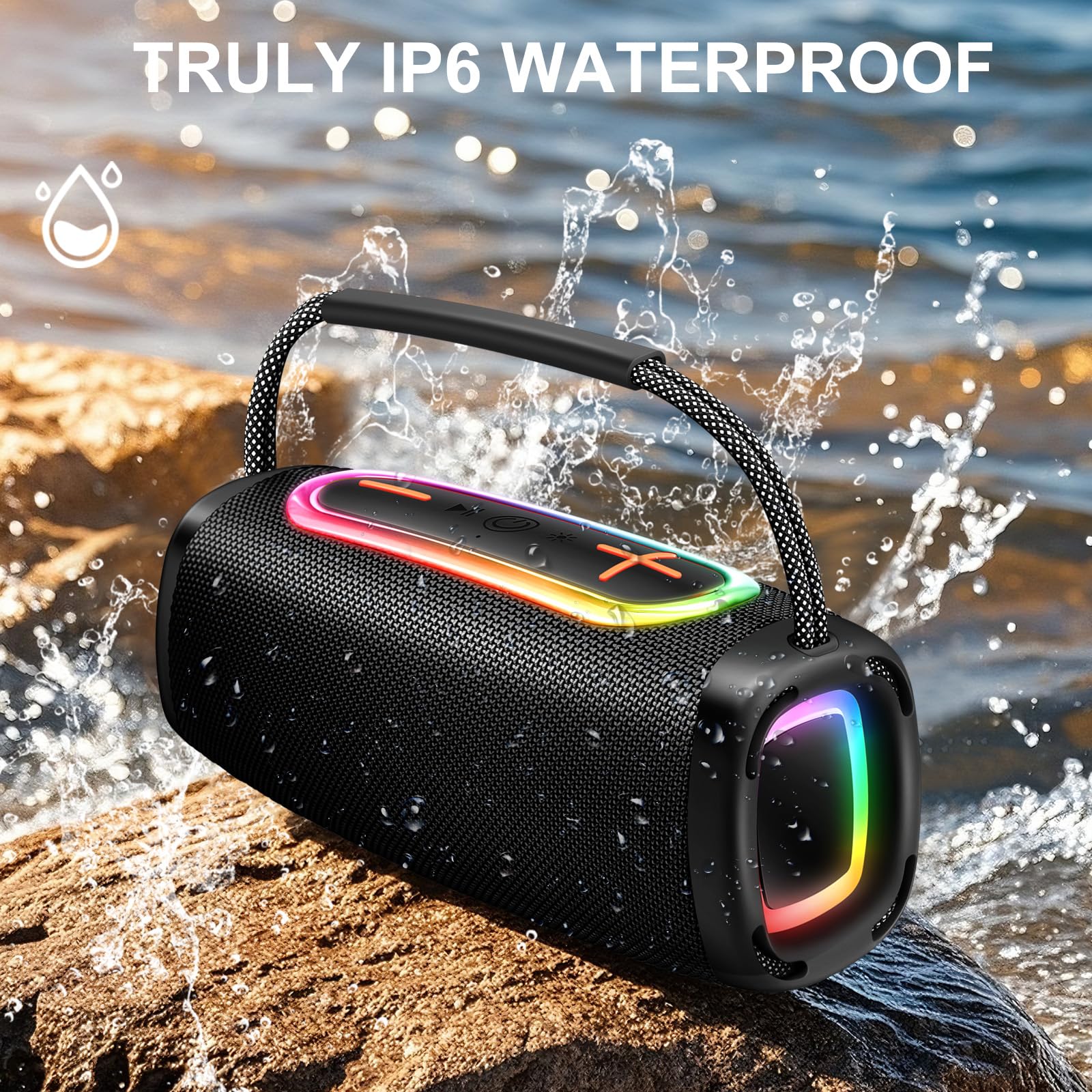Bluetooth Speaker 6000mAh, 36H Playtime BT5.4 Portable Wireless Speaker with Loud Stereo Sound, IP6 Waterproof, 24W Portable Speaker with RGB Multi-Color Rhythm Lights for Outdoor/Home/Party as Gift