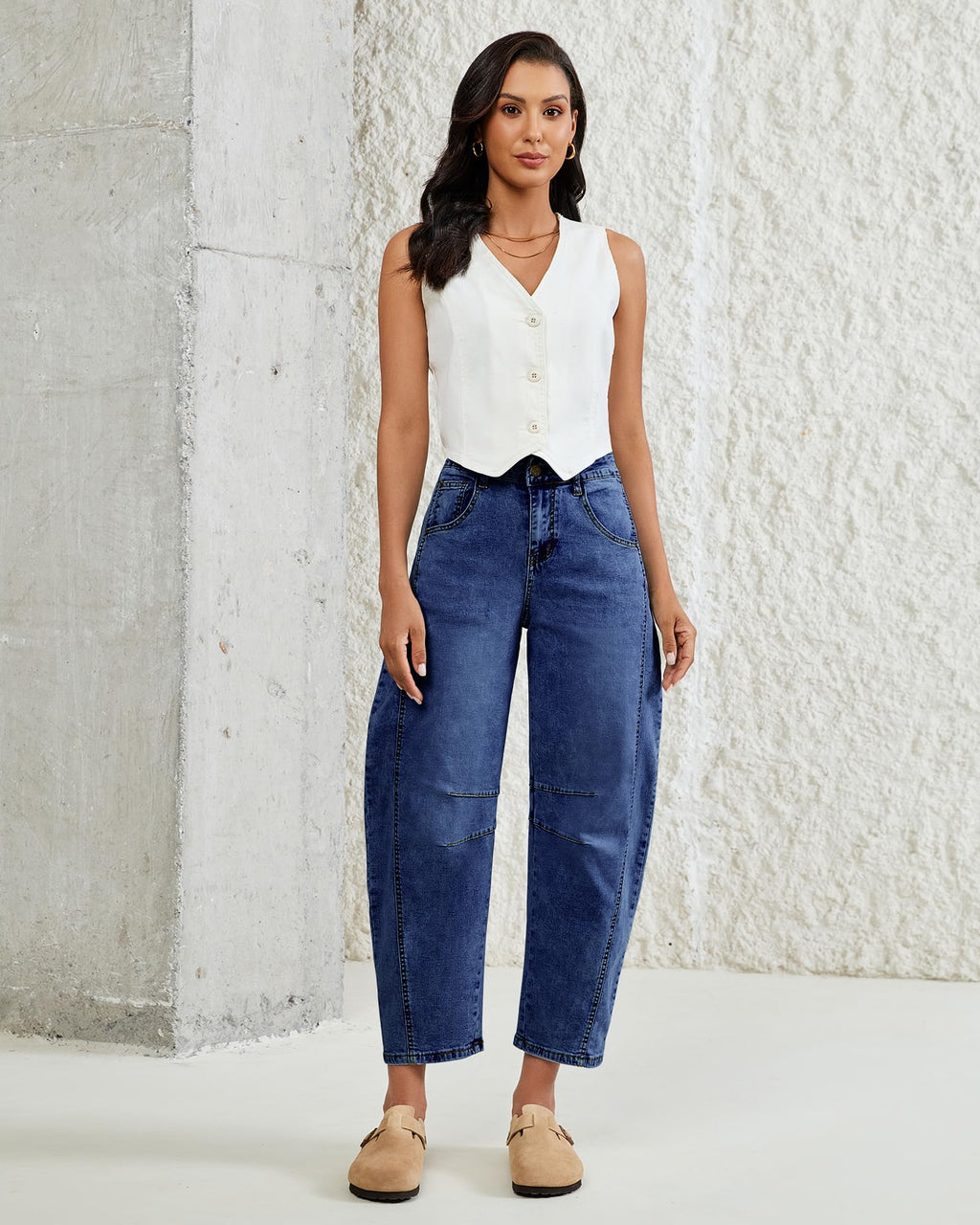 Vetinee High Rise Barrel Relaxed Fit Barrel Jeans for Women 26 Inseam Womens High Waisted Womens Jeans Size 14 Classic Blue Large