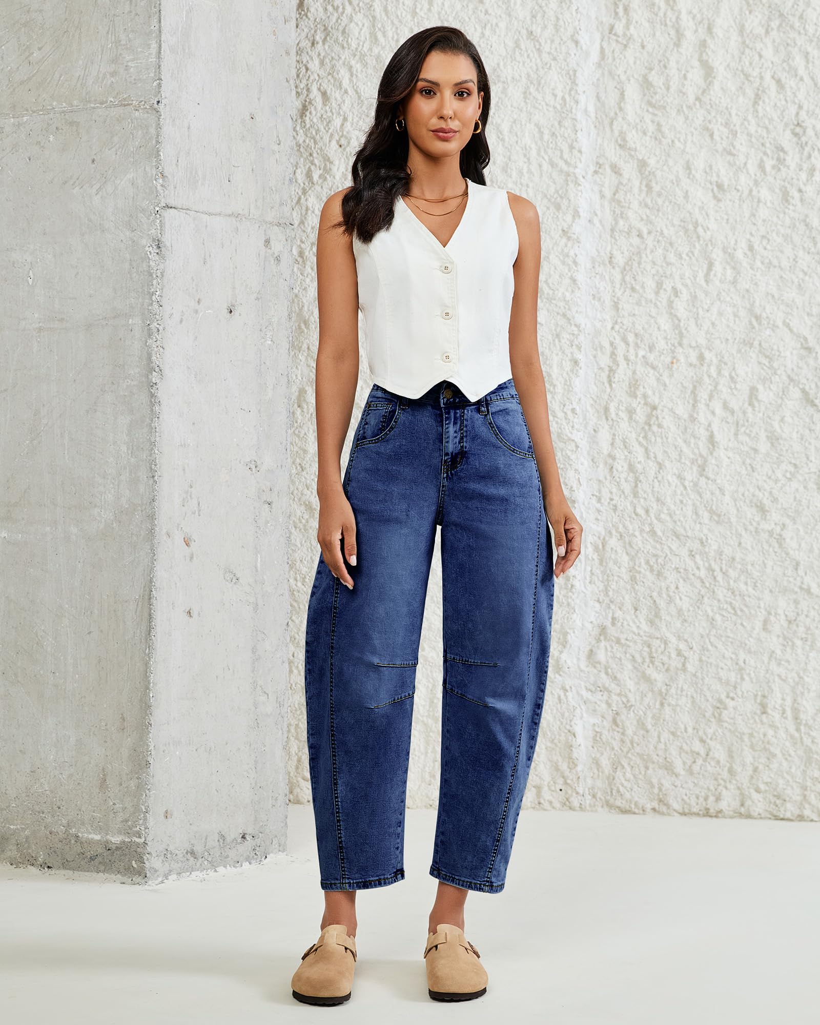 Vetinee High Rise Barrel Relaxed Fit Barrel Jeans for Women 26 Inseam Womens High Waisted Womens Jeans Size 14 Classic Blue Large