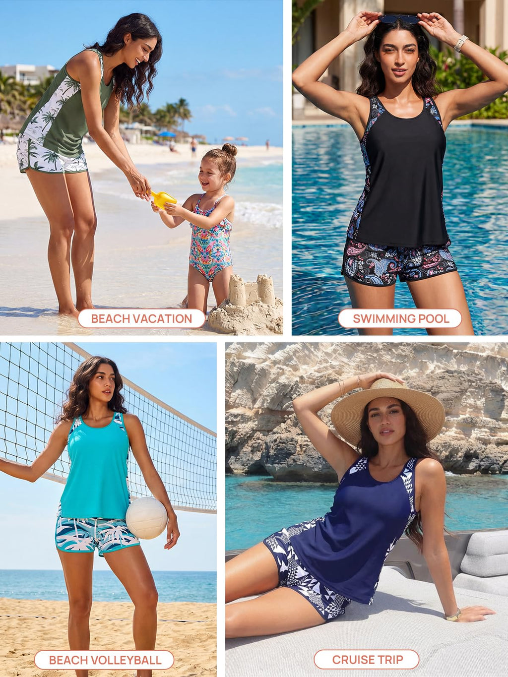 Summer Mae Blouson Tankini Swimsuits for Women 2026 Tummy Control Two Piece Bathing Suits with Sporty Pockets Swim Shorts Cube Size 14