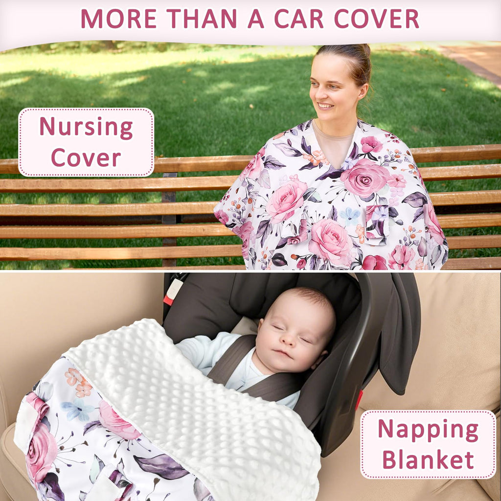 Baby Car Seat Cover, Breathable Infant Carseat Cover for Summer Peekaboo Opening Car Seat Canopy Cover, Nursing Cover for Baby Boys Girls (Pink Floral)