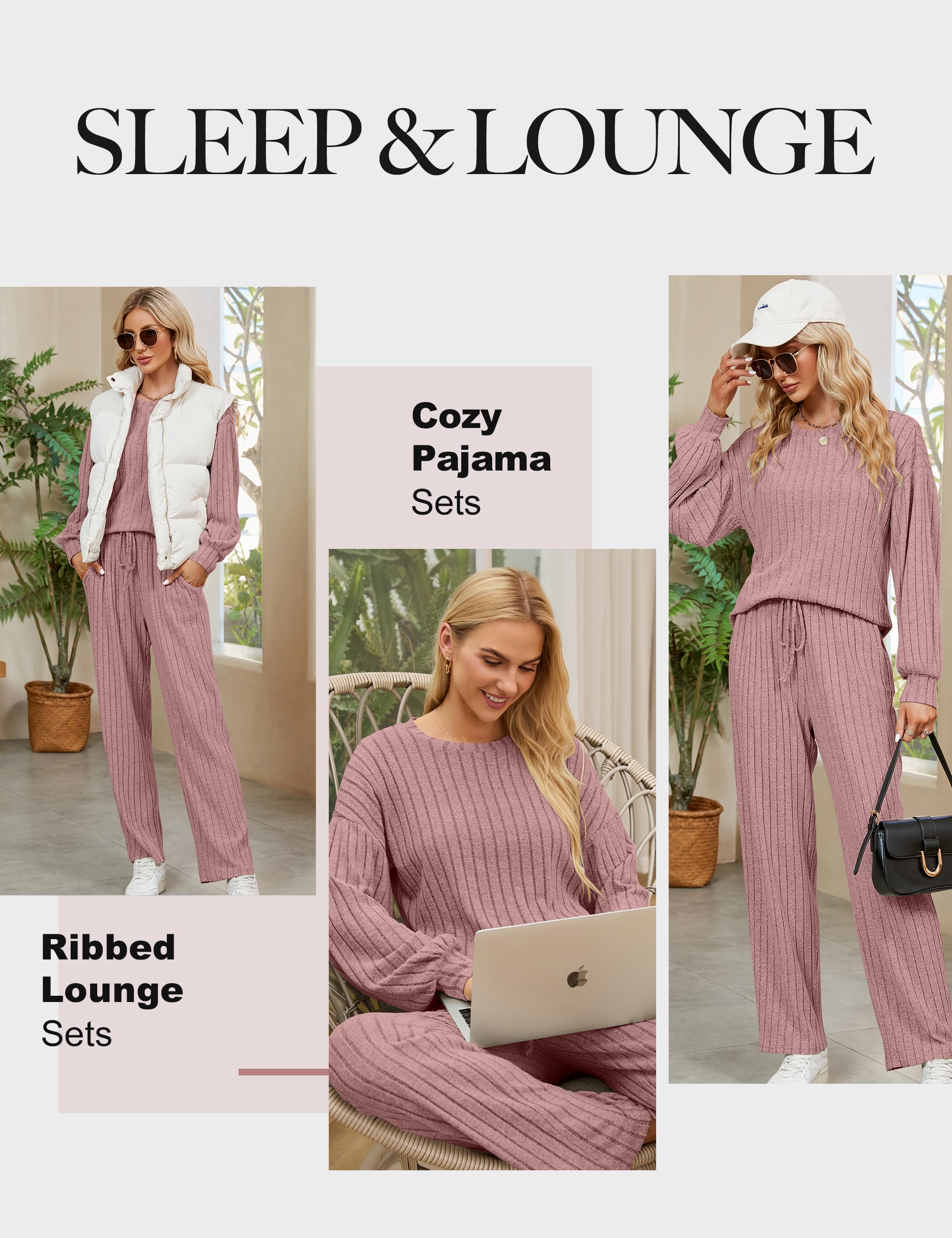 Blooming Jelly Womens Cute 2 Piece Pajama Sets Soft Long Sleeve Sleepwear Drawstring Crew Neck Loungewear (M, Pink)