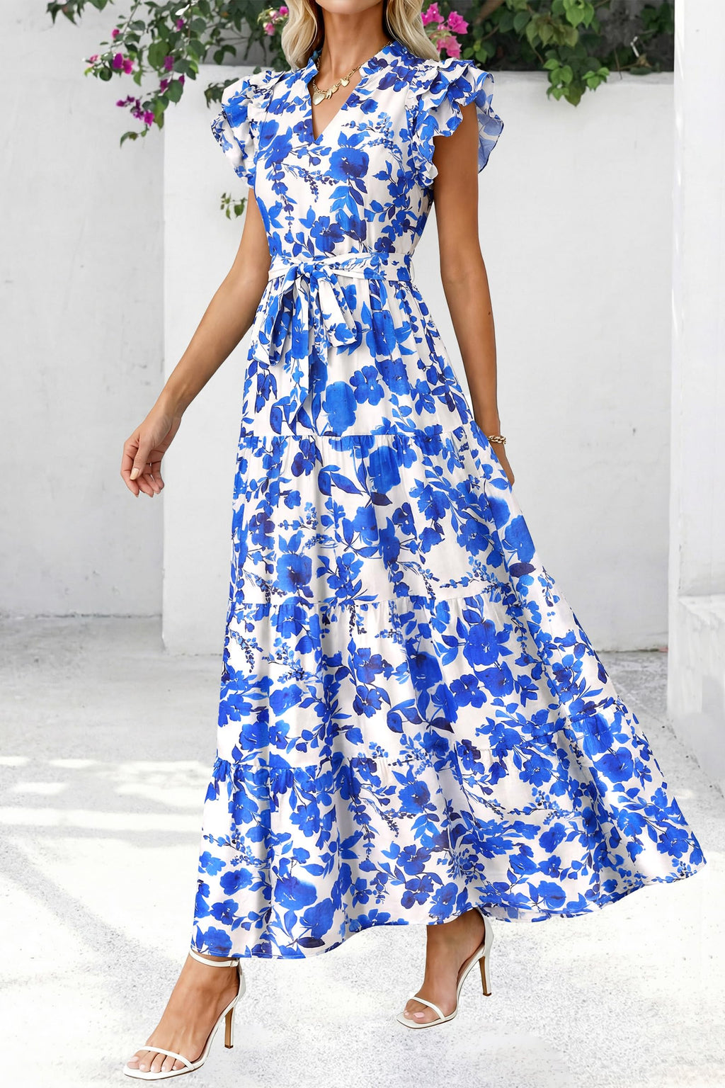 dowerme Women Summer Maxi Dresses 2026 Ruffle Sleeve V Neck Floral Boho Long Dress Belted Tiered Sundress with Pockets(White Blue Flower,Medium)
