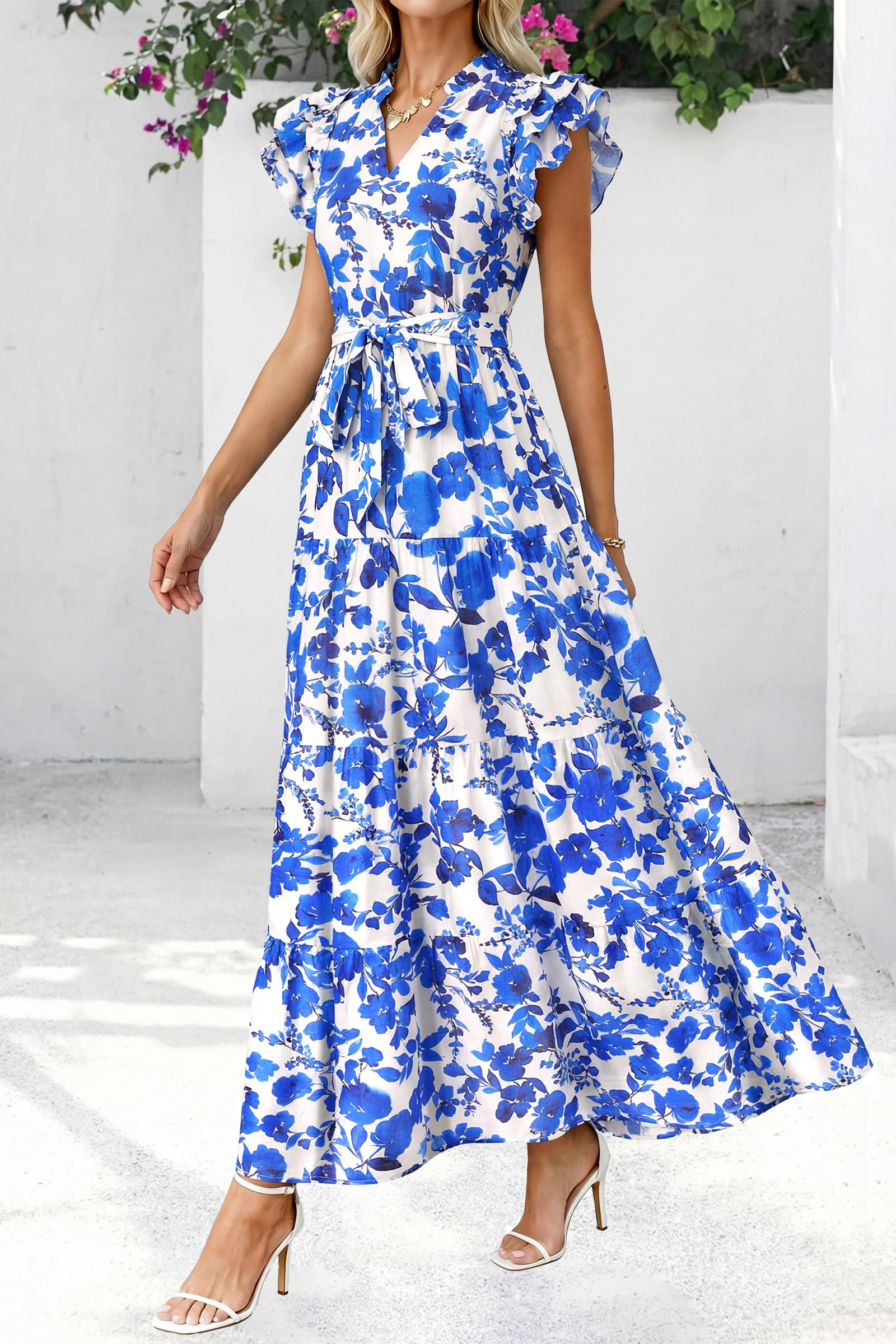 dowerme Women Summer Maxi Dresses 2026 Ruffle Sleeve V Neck Floral Boho Long Dress Belted Tiered Sundress with Pockets(White Blue Flower,Medium)