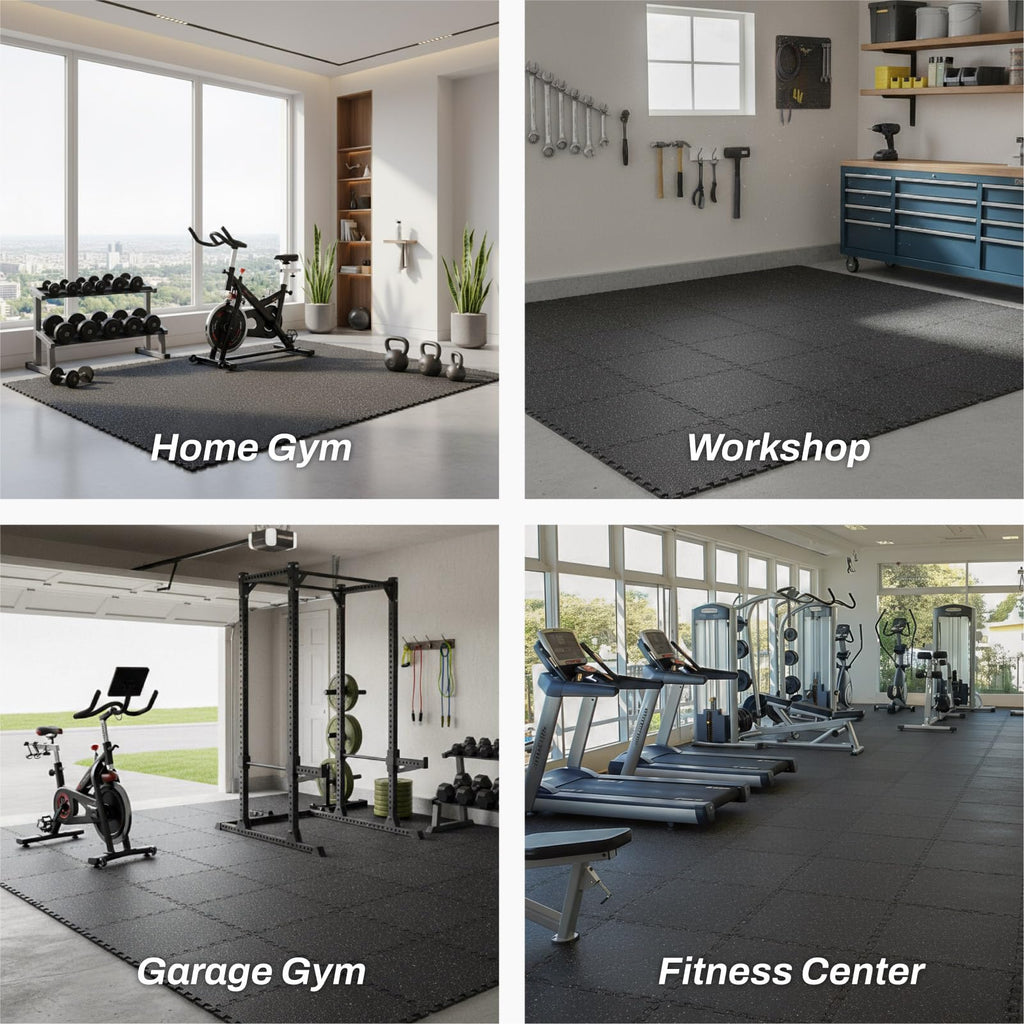 AIRHOP 0.56in Thick 96 Sq Ft Exercise Equipment Mats, 24 Tiles Upgraded Rubber Top with High Density EVA Foam, Large Interlocking Puzzle Gym Flooring for Home Gym, Heavy Weight Workout,Black