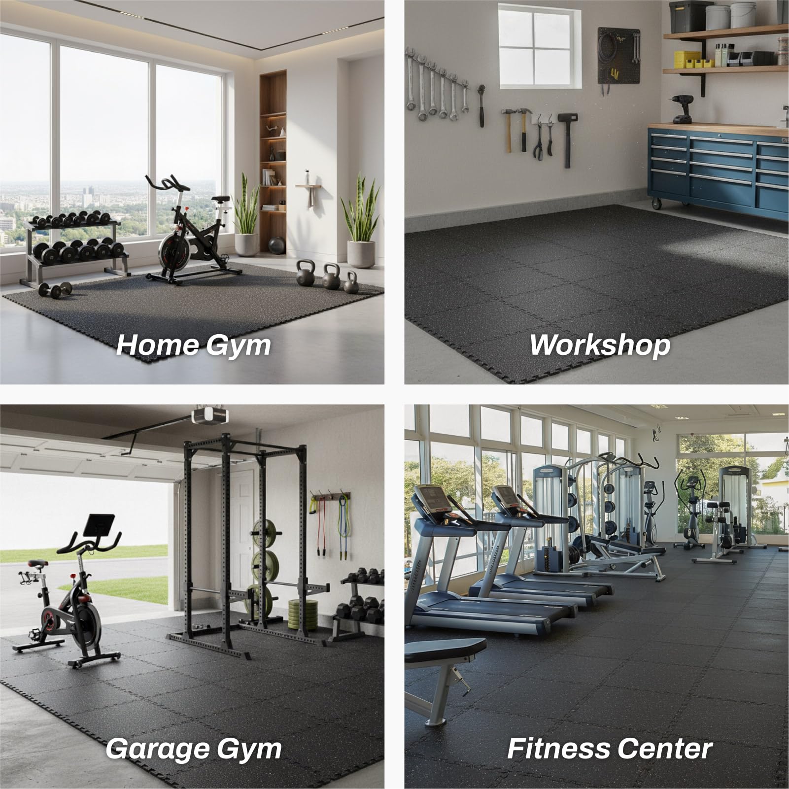 AIRHOP 0.56in Thick 96 Sq Ft Exercise Equipment Mats, 24 Tiles Upgraded Rubber Top with High Density EVA Foam, Large Interlocking Puzzle Gym Flooring for Home Gym, Heavy Weight Workout,Black