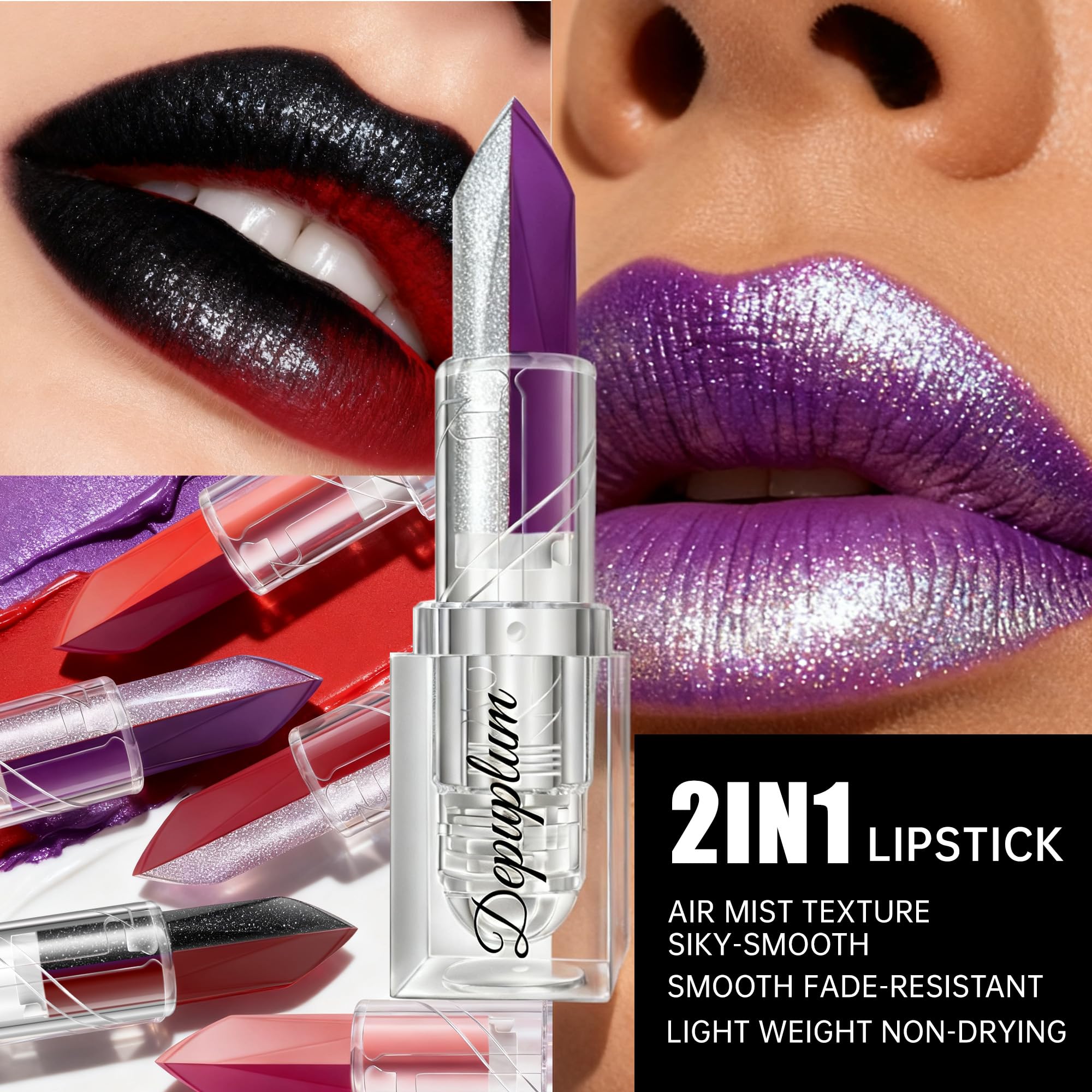 Depuplum 2 in 1 Red Matte Lipstick Glitter Black Lipstick Dual Sided Waterproof Lipsticks for Women One Stroke Two-Tone Long Lasting Lip Stick for Christmas Halloween, DU-G7