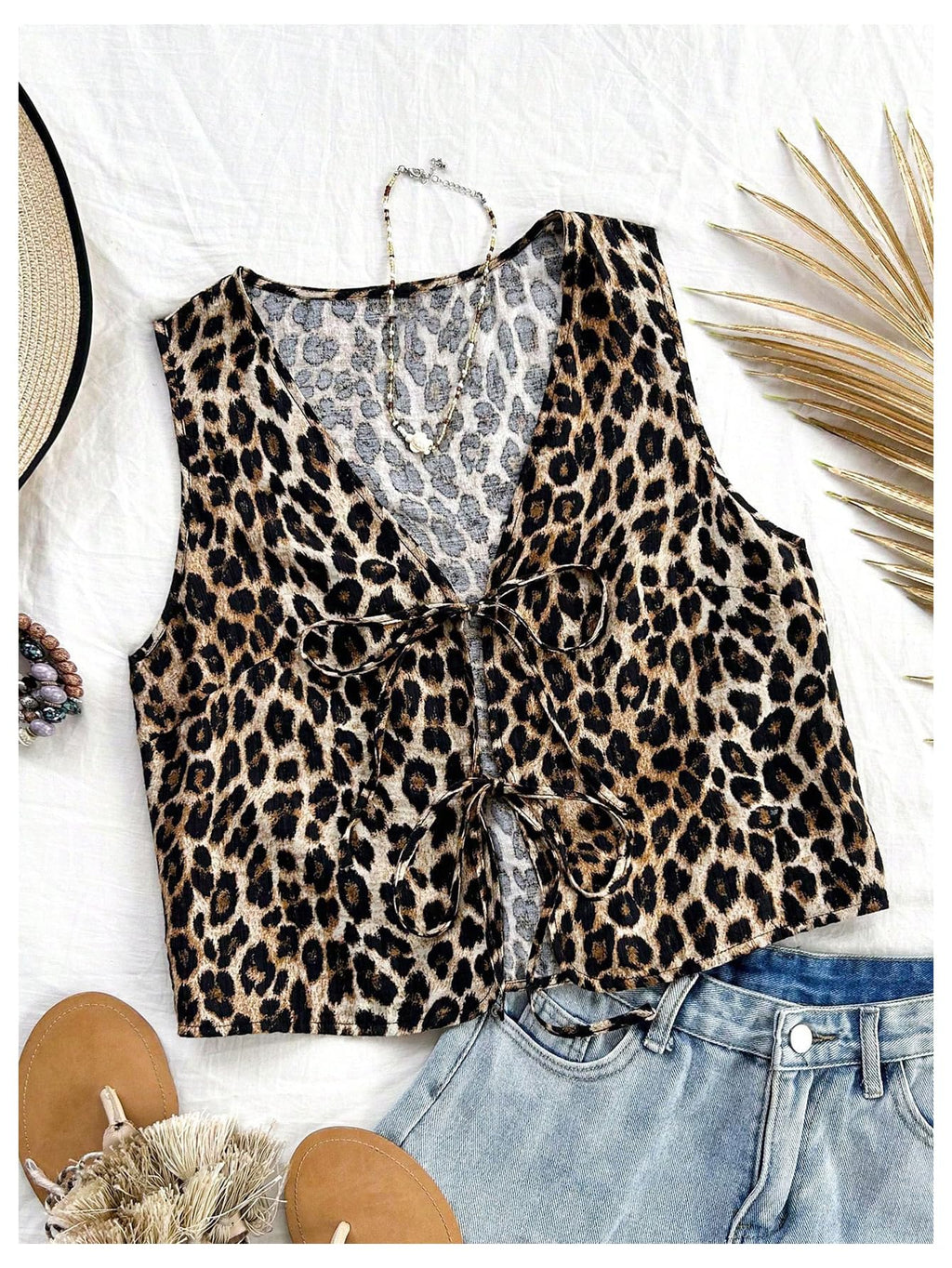 WDIRARA Women's Leopard Print Bow Tie Front Vest Sleeveless V Neck Crop Tank Top Multicolor Leopard Medium