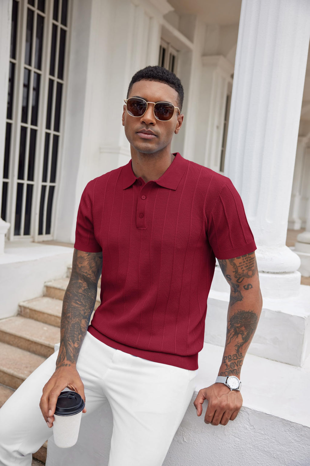COOFANDY Mens Golf Shirt Ribbed Knitted Polo Shirts Business Casual Polos Shirt Vintage Textured Collared Shirts Trendy Summer Clothes 2025 Wine Red