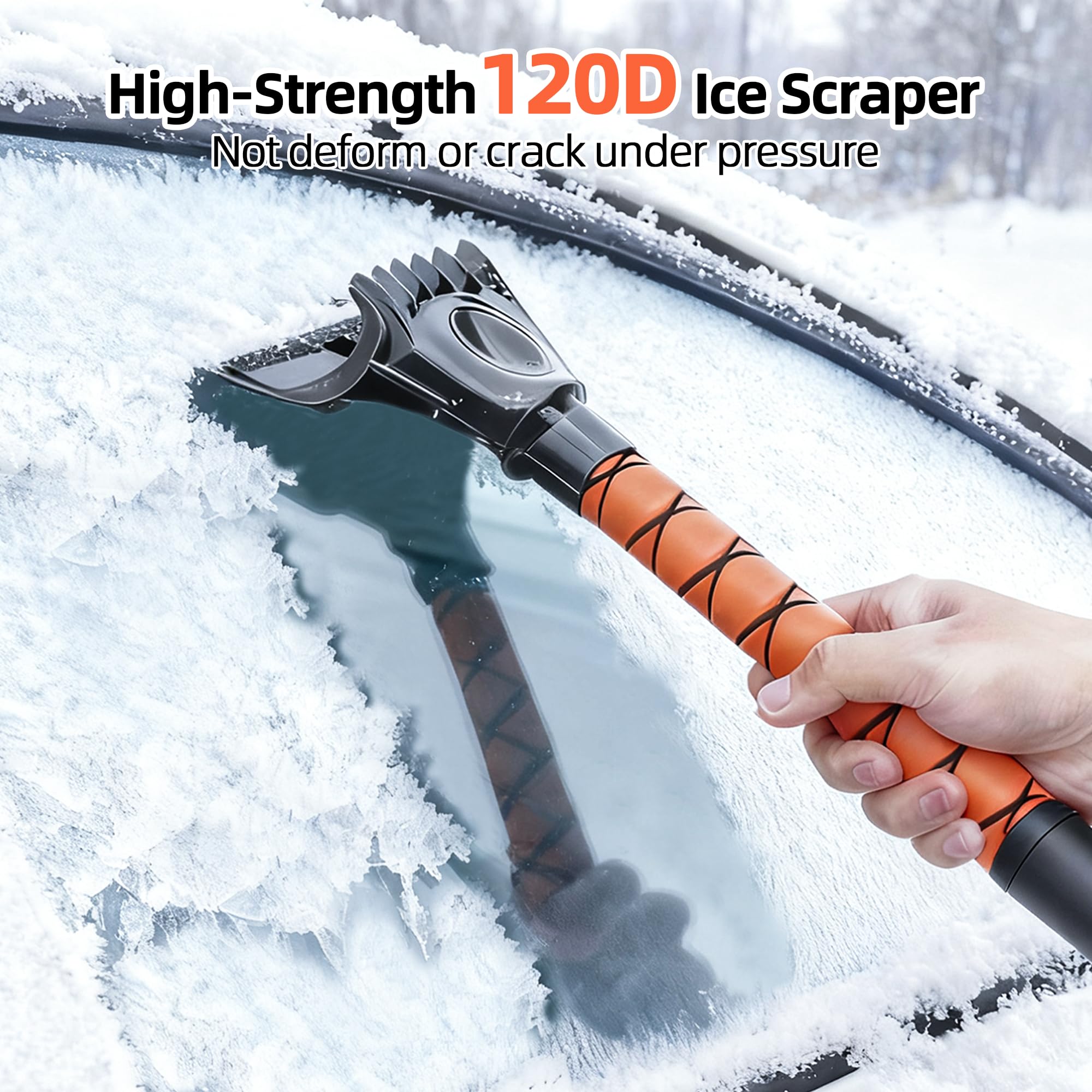 AMADAW 27" 2-in-1 Snow Brush and Ice Scrapers for Car Windshield [Military-Grade Rugged Durability] Removable for Easy Storage, Suitable for Sedans, SUVs and Trucks（Orange）