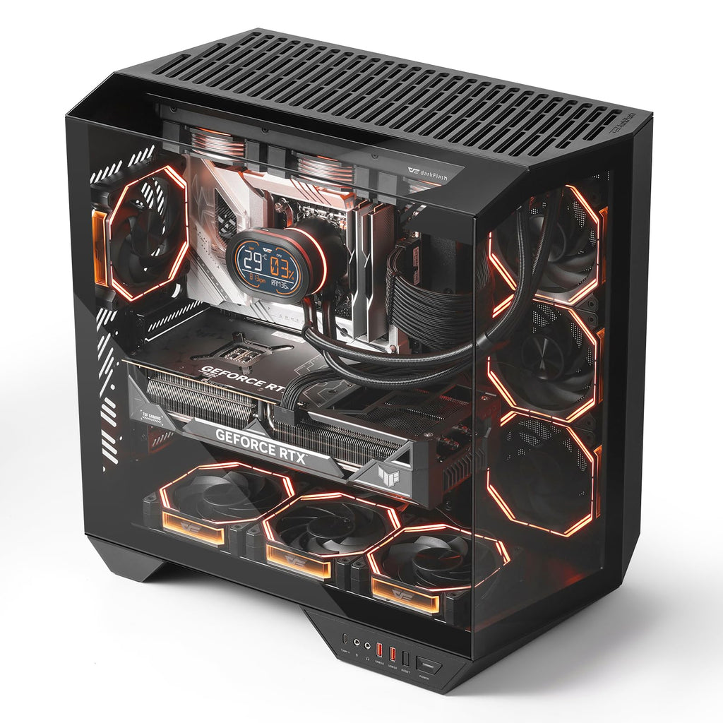 darkFlash Full-Tower ATX Gaming PC Case, Back Plug-in Motherboard, Vertical GPU Mounting, Dual-Chamber, Panoramic Glass, Up to 2 x 360mm Radiators, RTX 40 Compatible(DY470) (4 PWM ARGB Fans, Black)