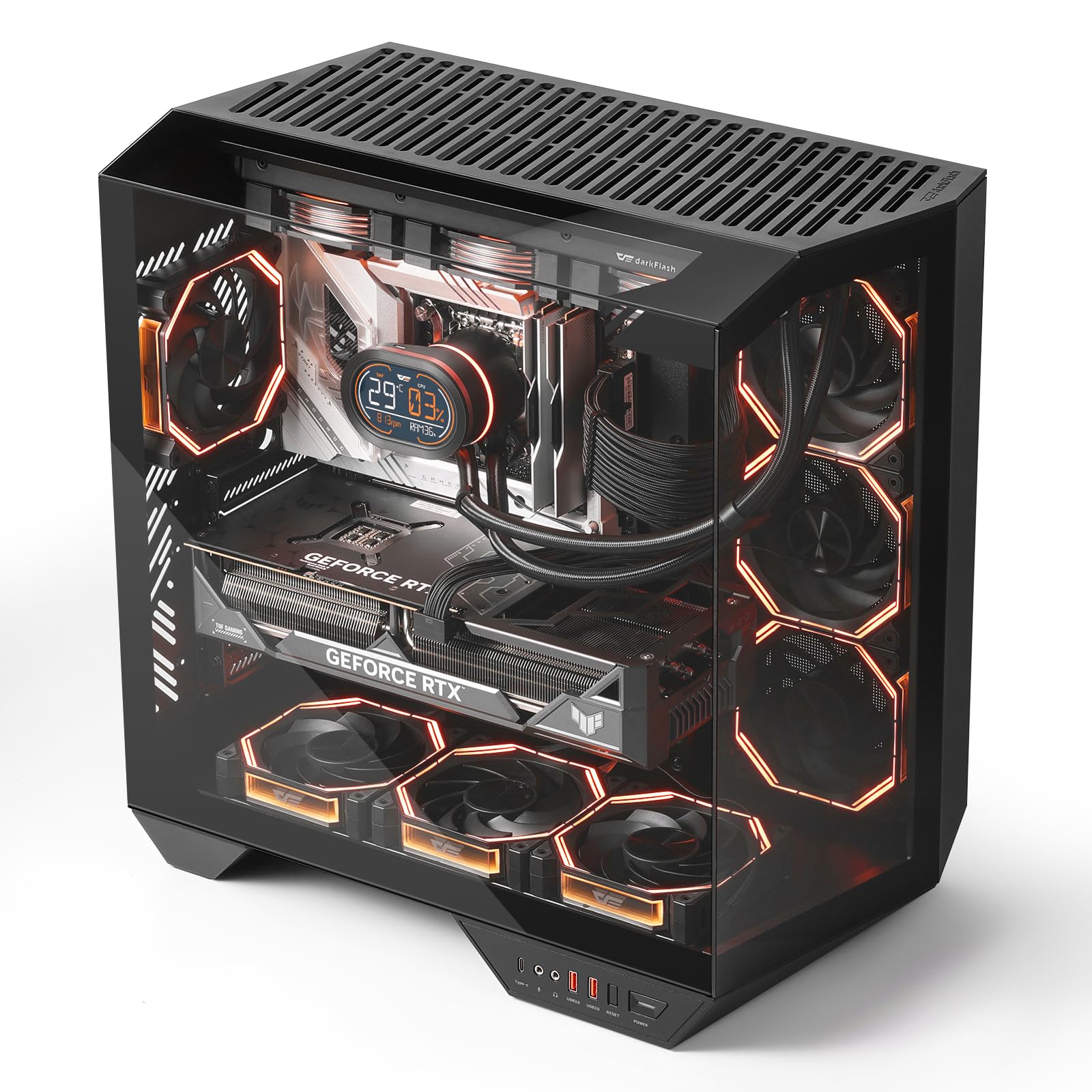 darkFlash Full-Tower ATX Gaming PC Case, Back Plug-in Motherboard, Vertical GPU Mounting, Dual-Chamber, Panoramic Glass, Up to 2 x 360mm Radiators, RTX 40 Compatible(DY470) (4 PWM ARGB Fans, Black)