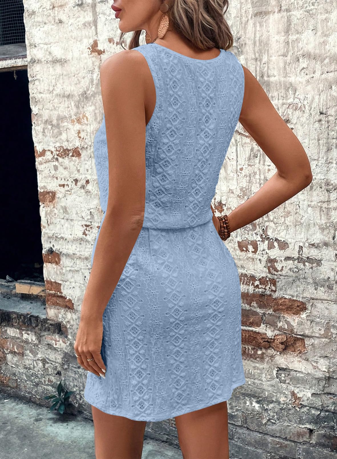 Acelitt Spring Summer Tank Dresses for Women 2026 Hollow Out Textured Drawstring Mini Dress Beach Vacation Outfits Sky Blue Medium