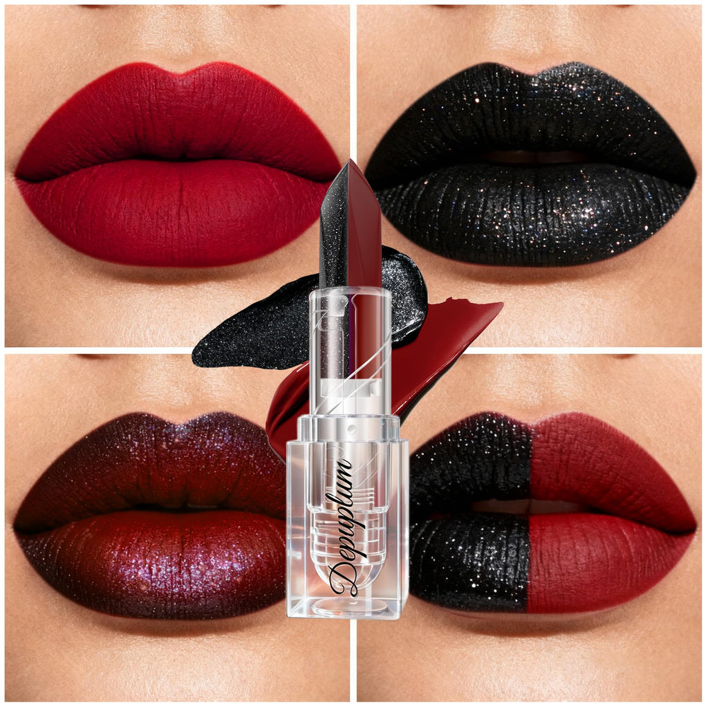 Depuplum 2 in 1 Red Matte Lipstick Glitter Black Lipstick Dual Sided Waterproof Lipsticks for Women One Stroke Two-Tone Long Lasting Lip Stick for Christmas Halloween, DU-G7