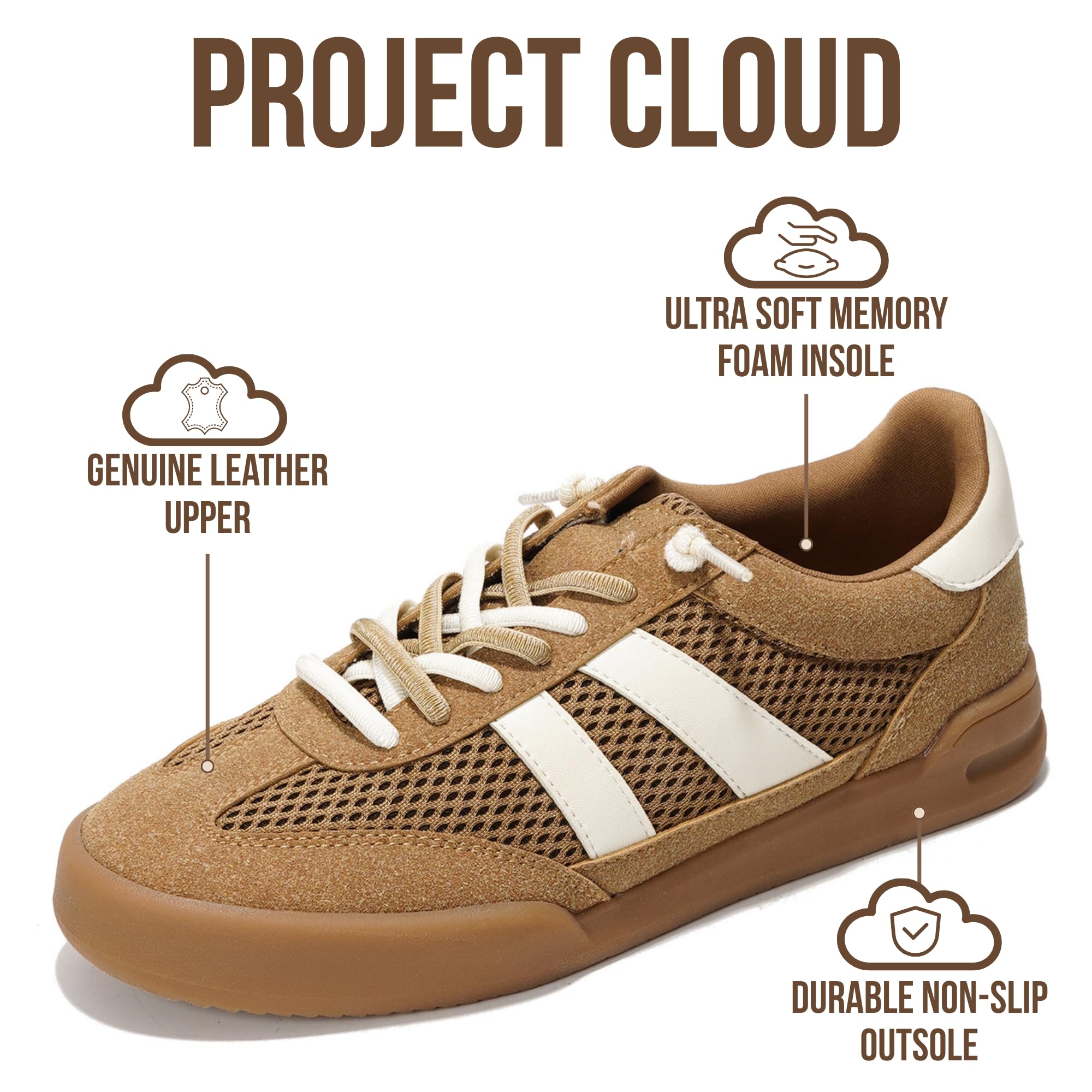 Project Cloud 100% Genuine Leather Casual Sneakers for Women - Memory Foam Insoles - Womens Shoes & Lightweight Women's Fashion Sneakers - Slip On Shoes for Women Footwear (Verdy, TAN, 7.5)
