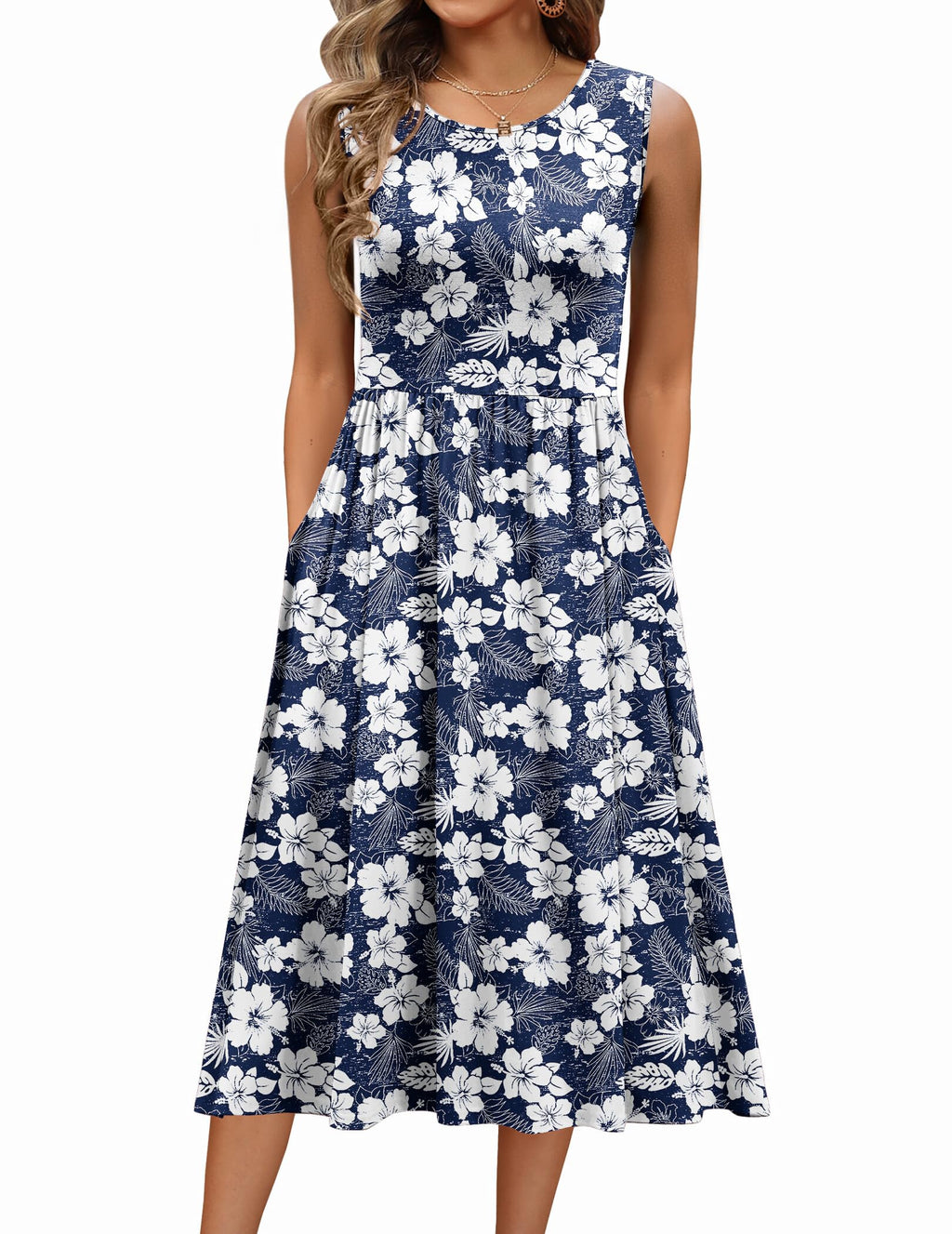 Zeagoo Midi Dresses for Women Summer Floral Aline Flowy Swing Tshirt Sundress Casual Crewneck Tiered Sleeveless Petite Tank Dress with Pockets