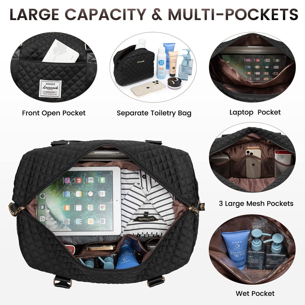 LOVEVOOK Travel Duffle Bag, Weekender Bags for Women with Shoe Compartment, Carry on Overnight Bag with Toiletry Bag, Gym Duffel Bag with Wet Pocket, Hospital Bags for Labor and Delivery, Black