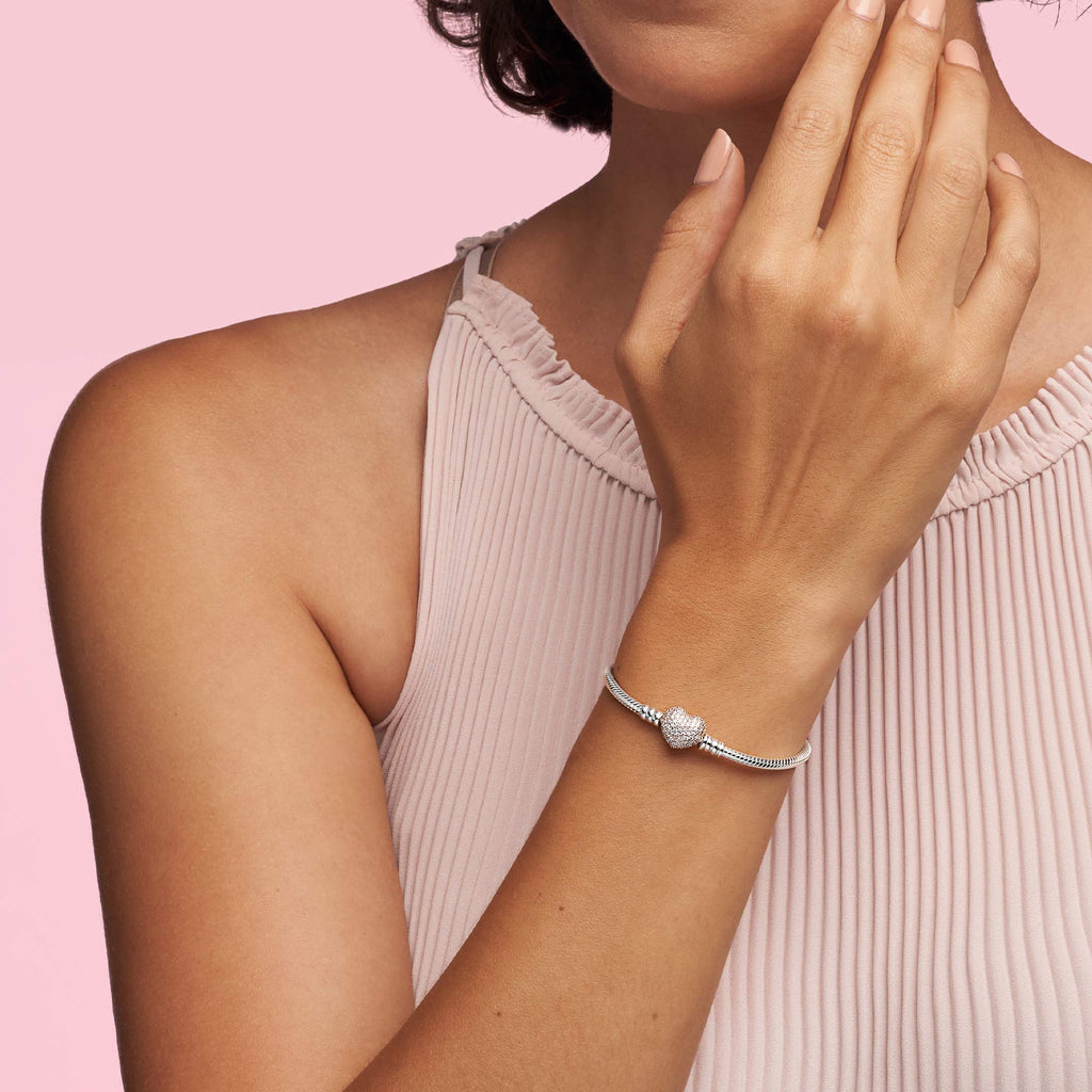 Pandora Jewelry - Moments Pave Heart Clasp Snake Chain Cubic Zirconia Bracelet - Gift for Her - Pandora Rose - 6.7"