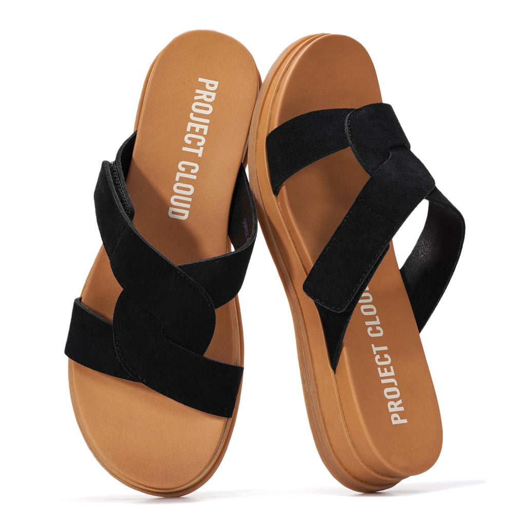 Project Cloud Low Wedge Sandals for Women 2026 - Easy Slip On Sandals with Plush Cushioned Insole – Lightweight & Non Slip Womens Slides for Women Footwear (Nina,BLKSDE,7)